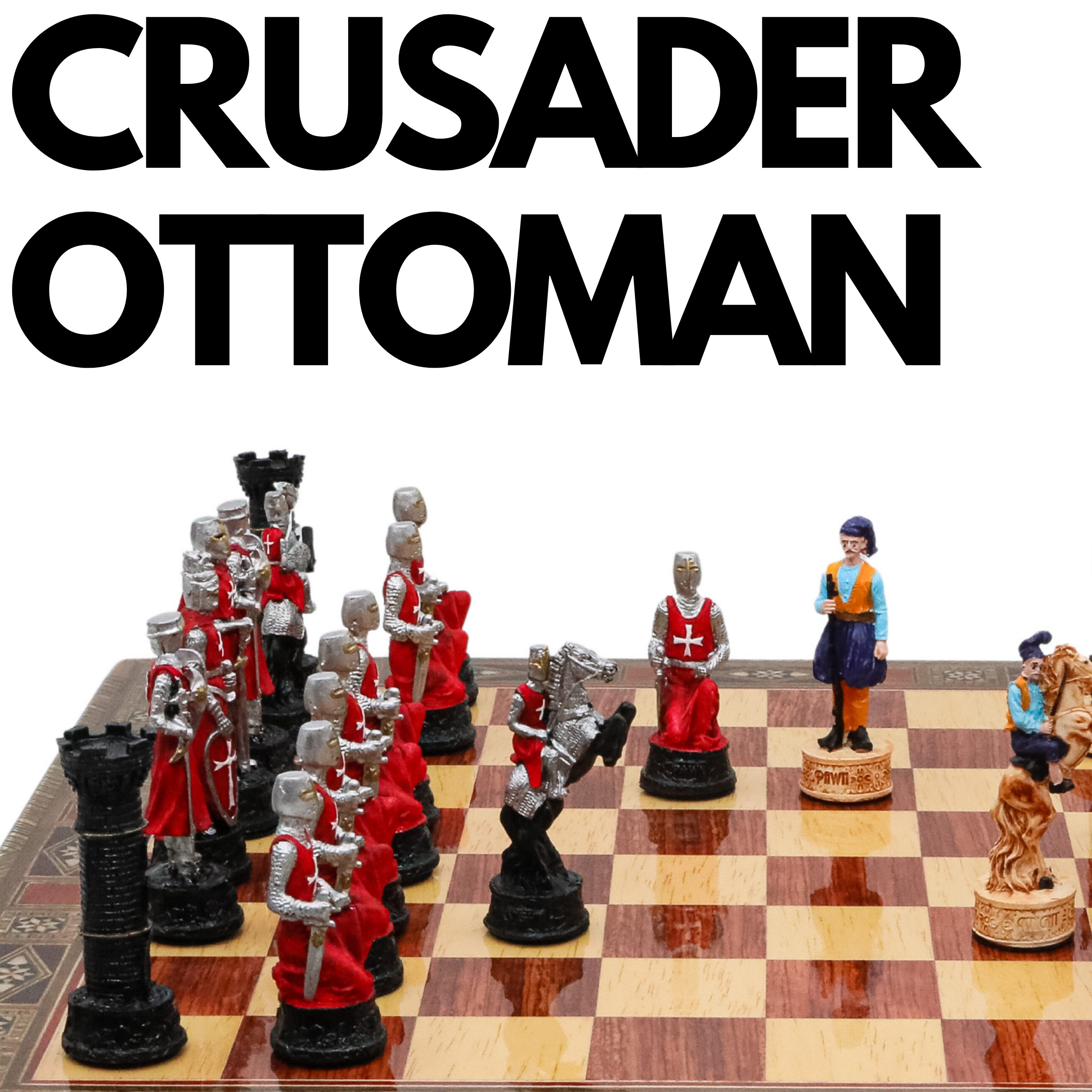 Handmade Inlay Chess Set with Drawer Storage 38 CM (15") - Ottoman vs Black Crusaders Pieces