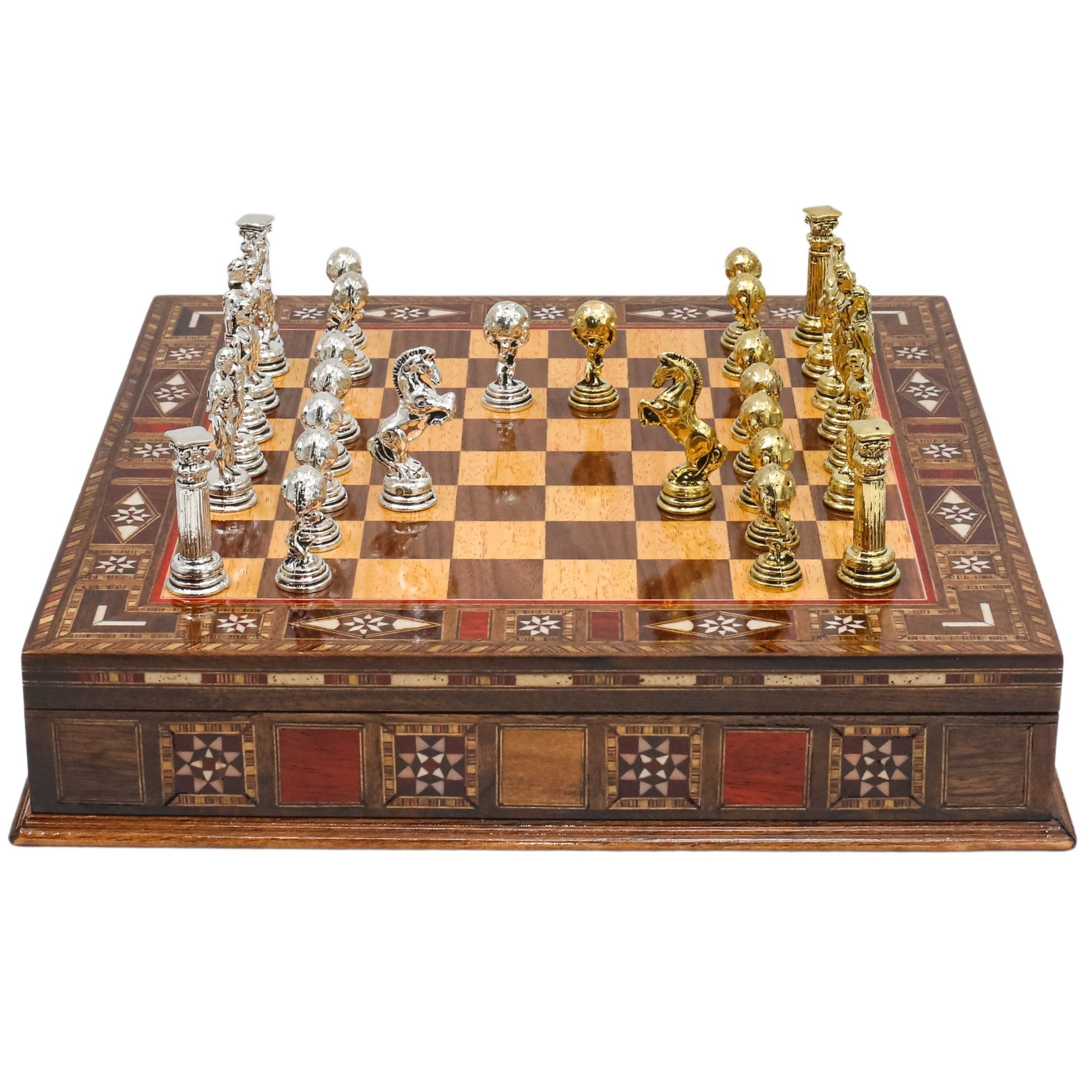 Handmade Inlay Storage Chess Set 30 CM (12") - Mythology Hercules Die Cast Metal Pieces