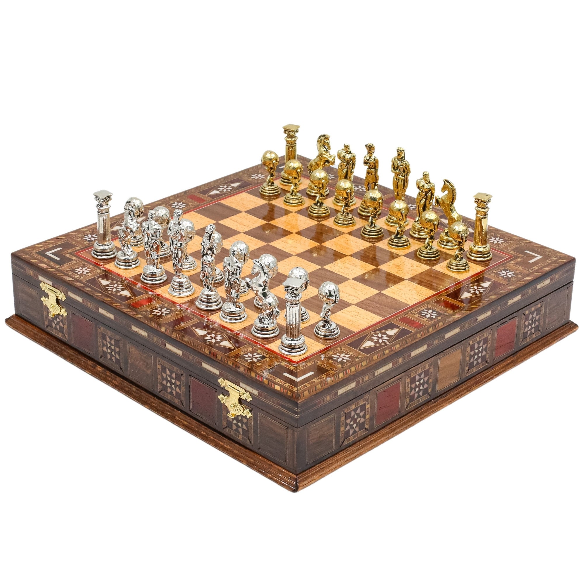 Handmade Inlay Storage Chess Set 30 CM (12") - Mythology Hercules Die Cast Metal Pieces