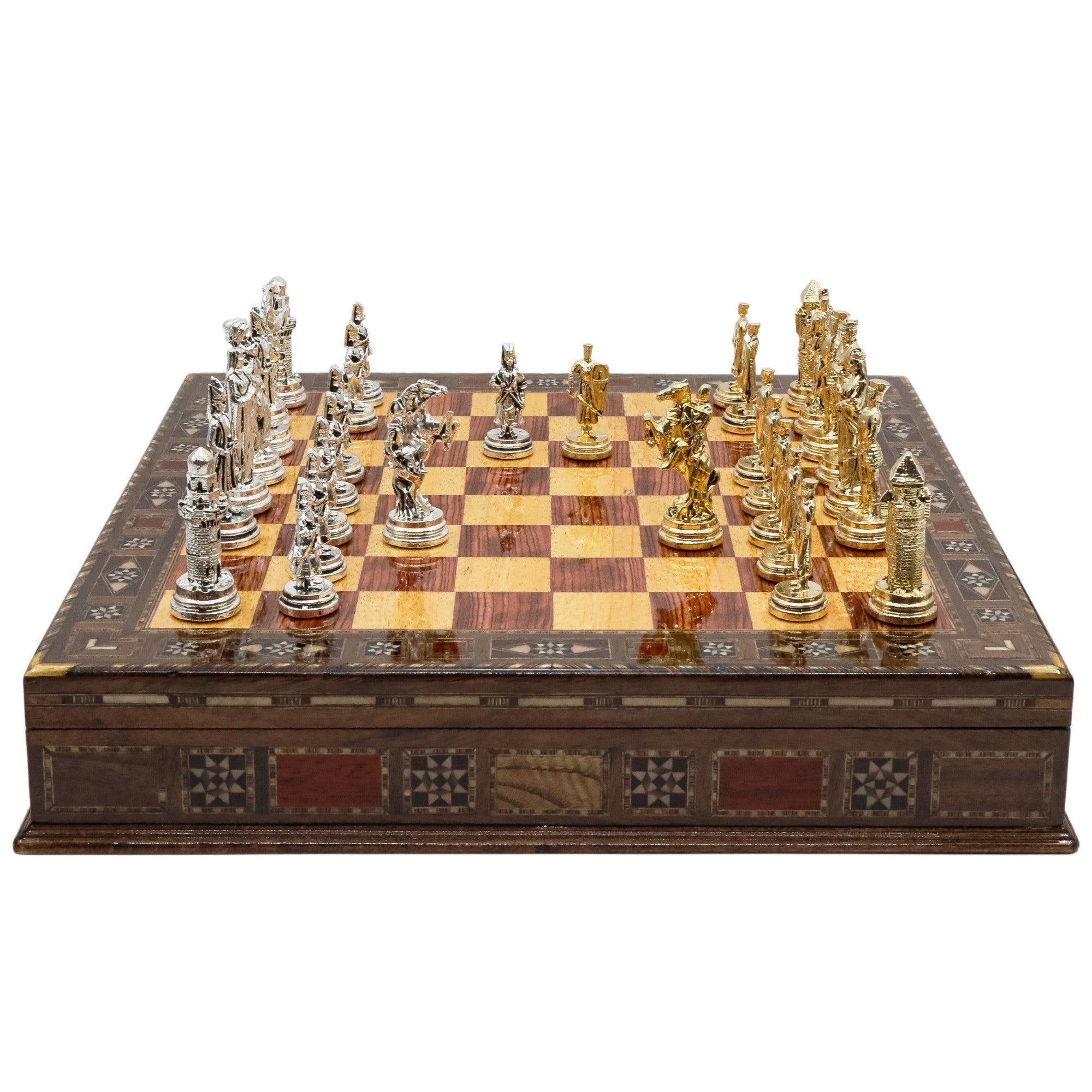 Handmade Inlay Storage Chess Set 38 CM (15") - Ottoman Empire vs Crusaders Die Cast Metal Pieces