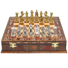 Handmade Inlay Storage Chess Set 30 CM (12") - Medieval British Die Cast Metal Pieces