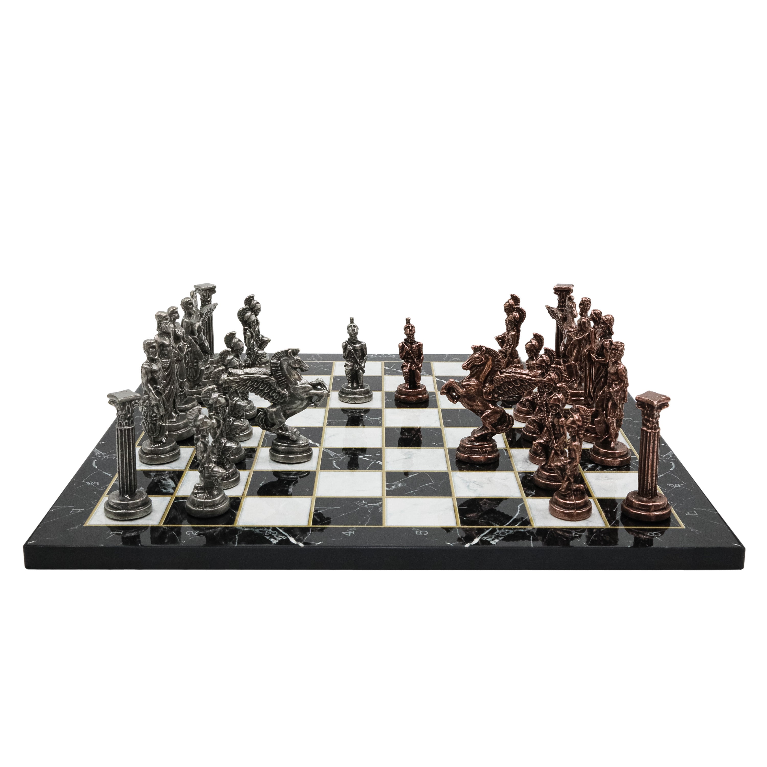 Greek Mythology Pegasus Metal Chess Set | Wooden Chess Board 37CM (15") with Die Cast Metal Stands (Vintage Silver vs Bronze)