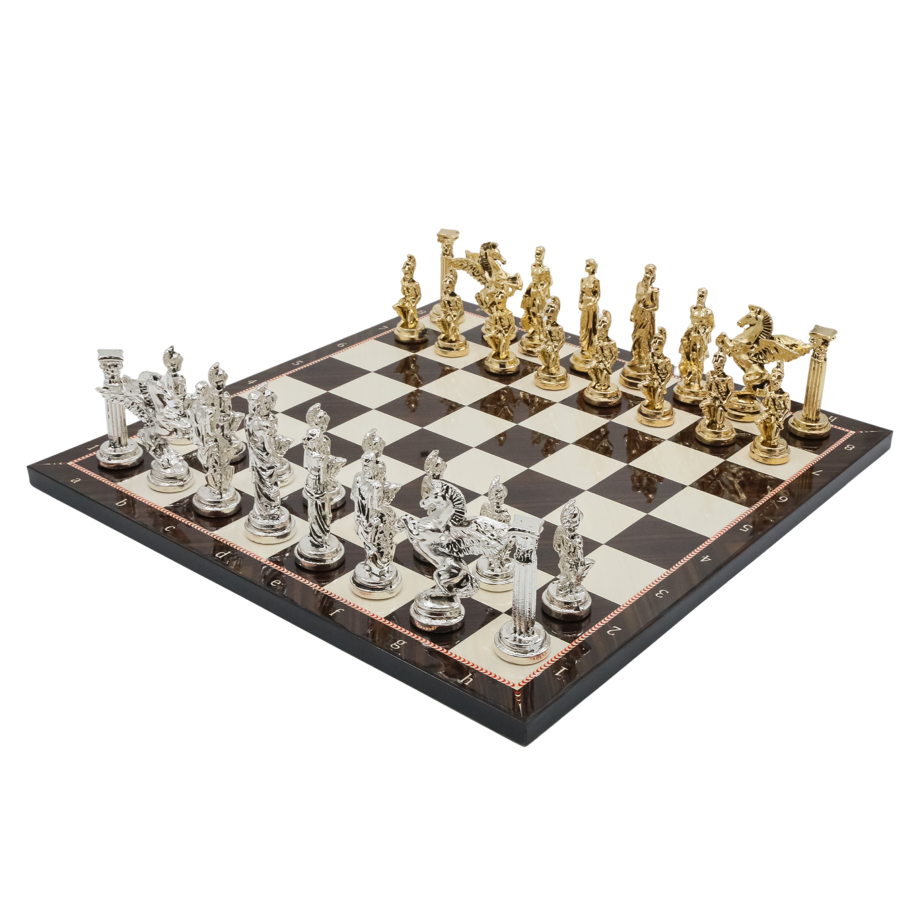 Greek Mythology Pegasus Metal Chess Set | Wooden Chess Board 37CM (15") with Die Cast Metal Stands (Silver vs Gold)