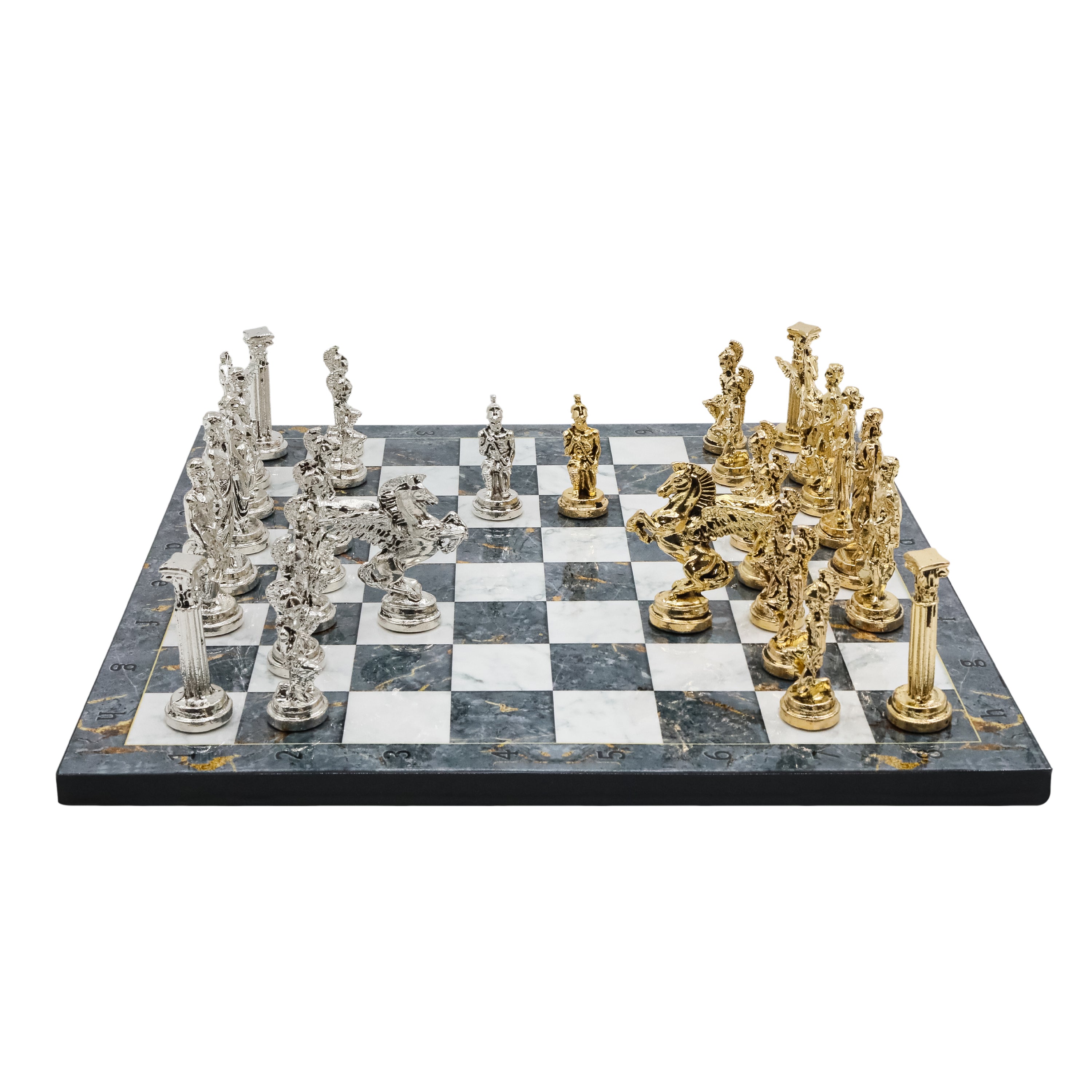 Greek Mythology Pegasus Metal Chess Set | Wooden Chess Board 37CM (15") with Die Cast Metal Stands (Silver vs Gold)