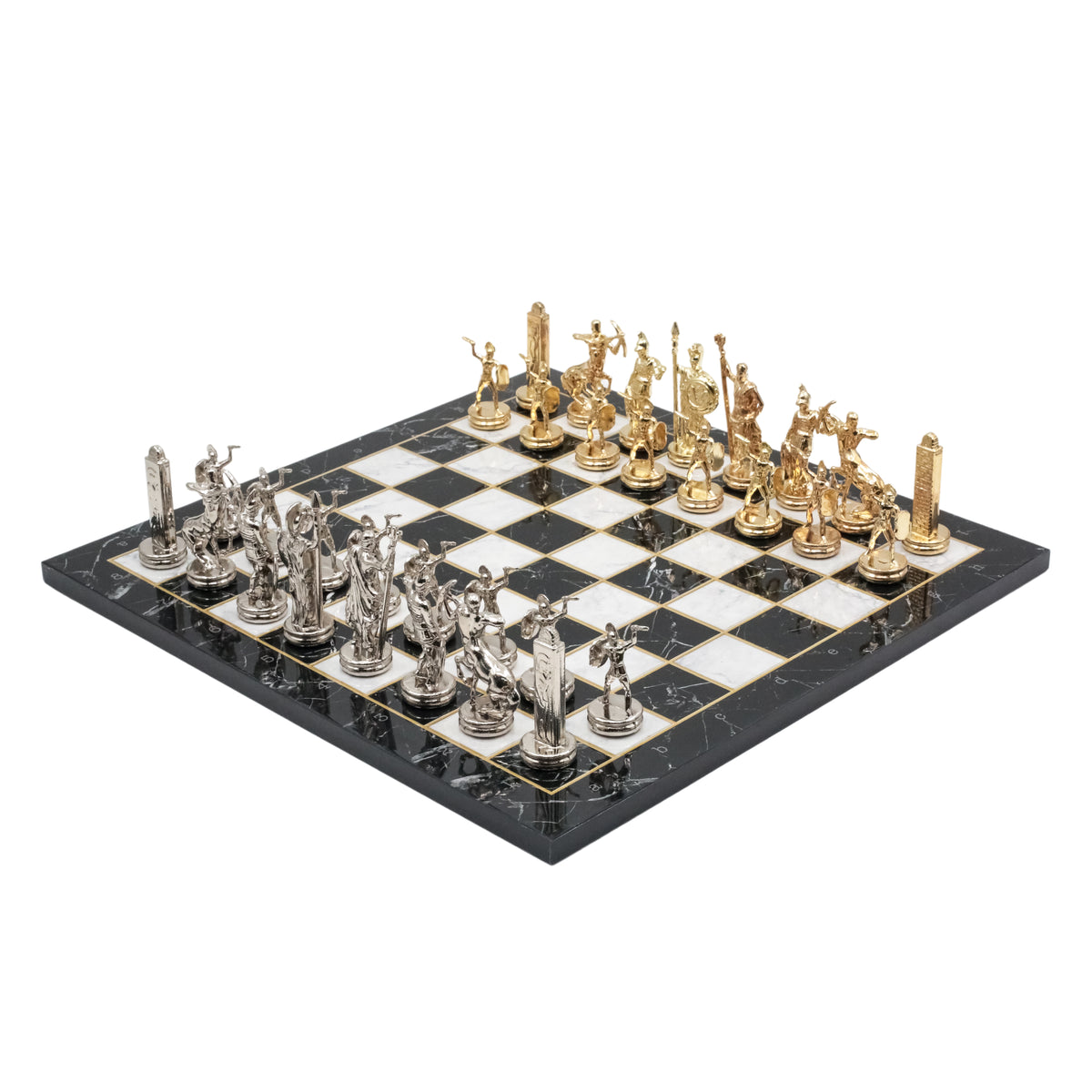 Greek Mythology Poseidon Metal Chess Set Model 1| Wooden Chess Board 37CM (15") with Die Cast Metal Stands