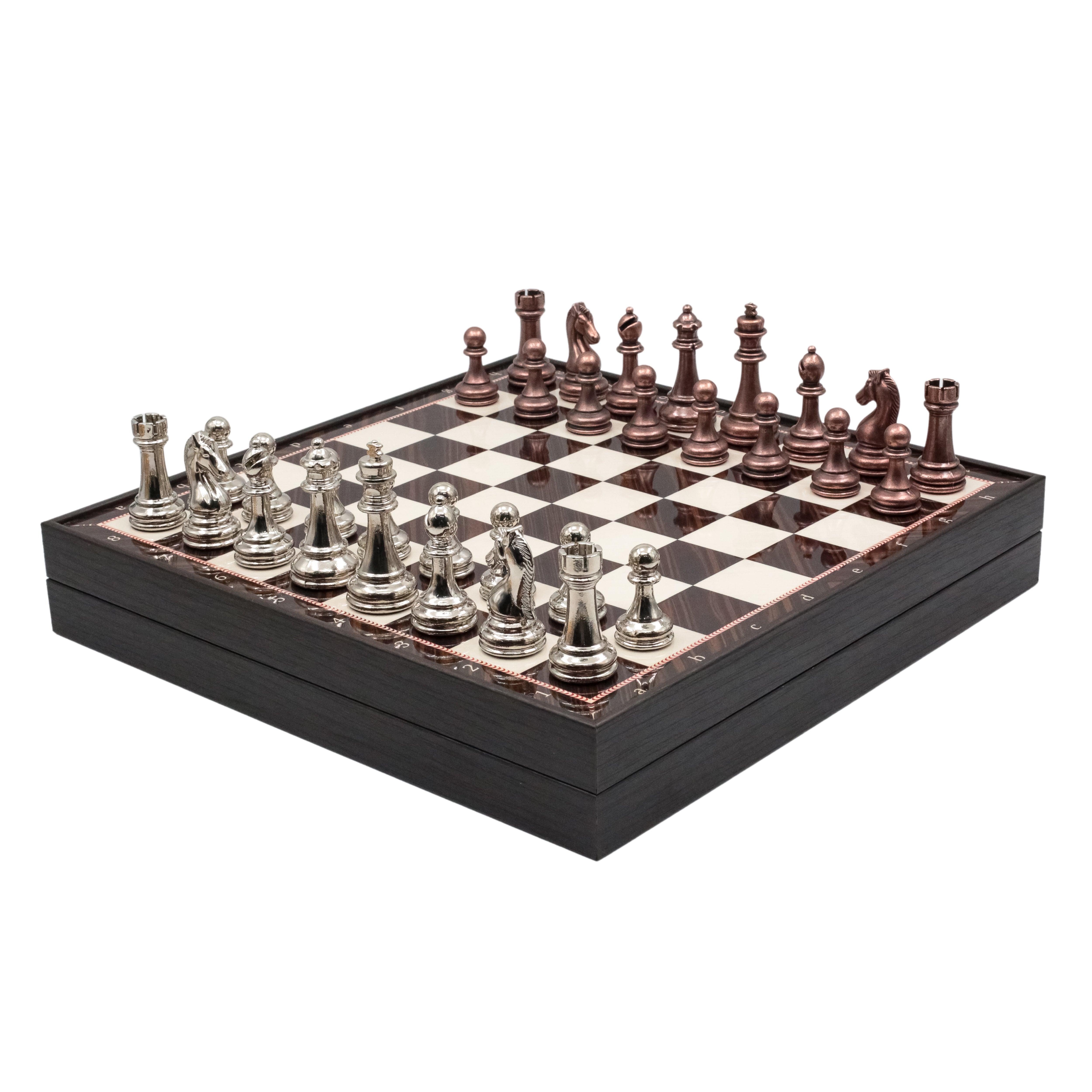 Storage Chess Set with Metal Weighted Staunton Figures (Bronze vs Silver) | 37 CM (15") Storage Chess Board | Classic Metal Figures