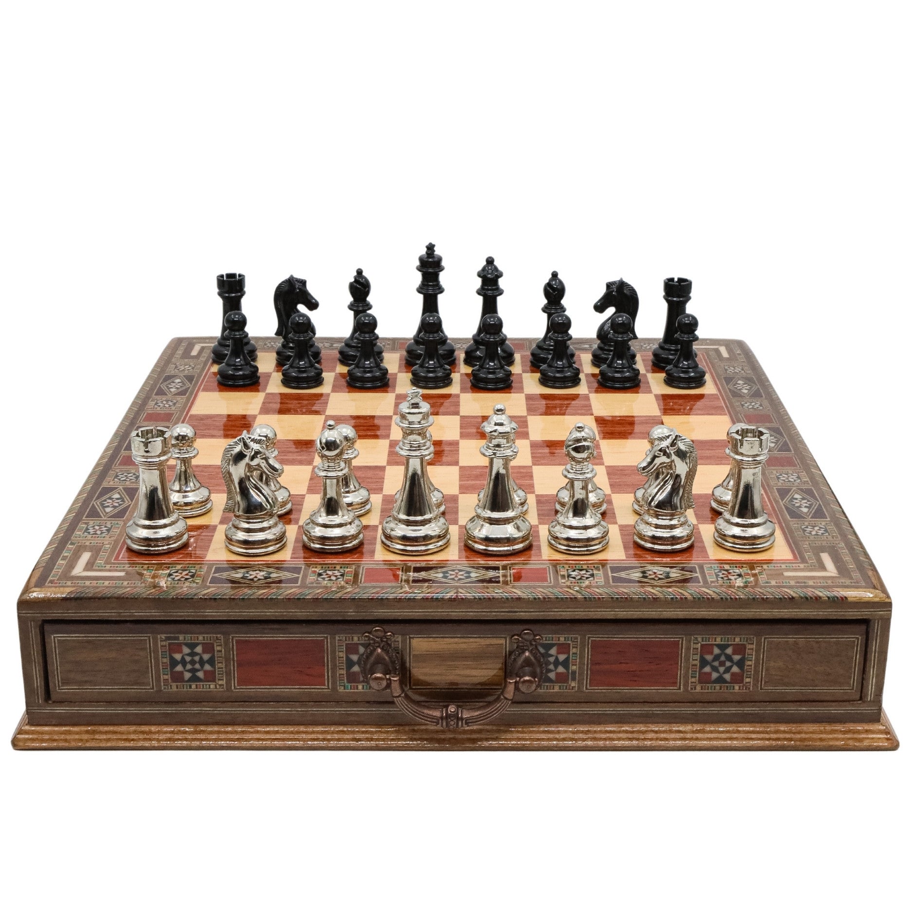 Black Colour Metal Chess Set With Solid Wood Storage Board w/ In-Built Drawer - Die Cast Metal Chessmen | Staunton Chess Pieces, Personalised Chess Gift