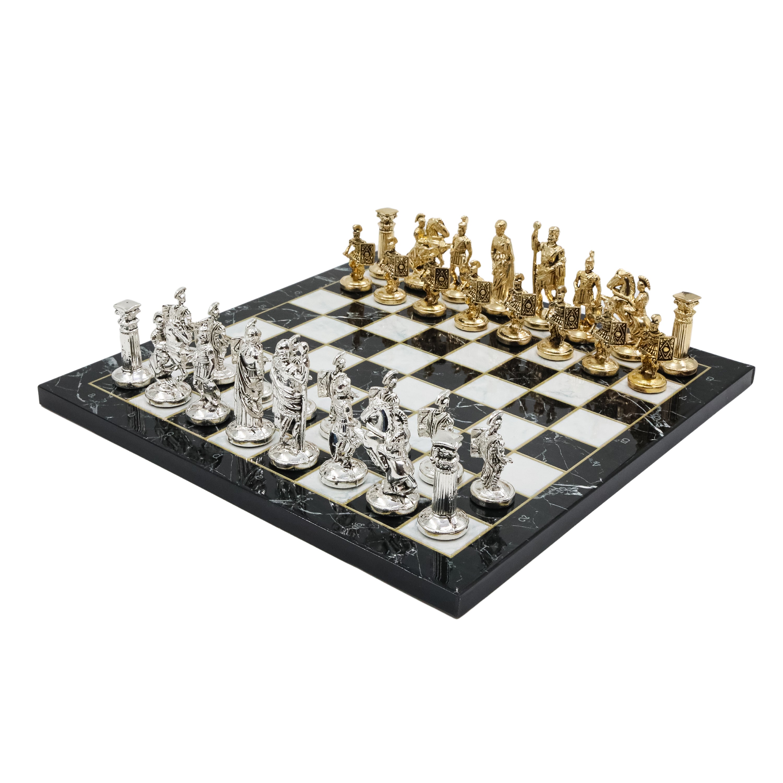 Metal Roman Archer Chess Set | Wooden Board Marble/Mosaic Pattern – 44 cm (17 inch)