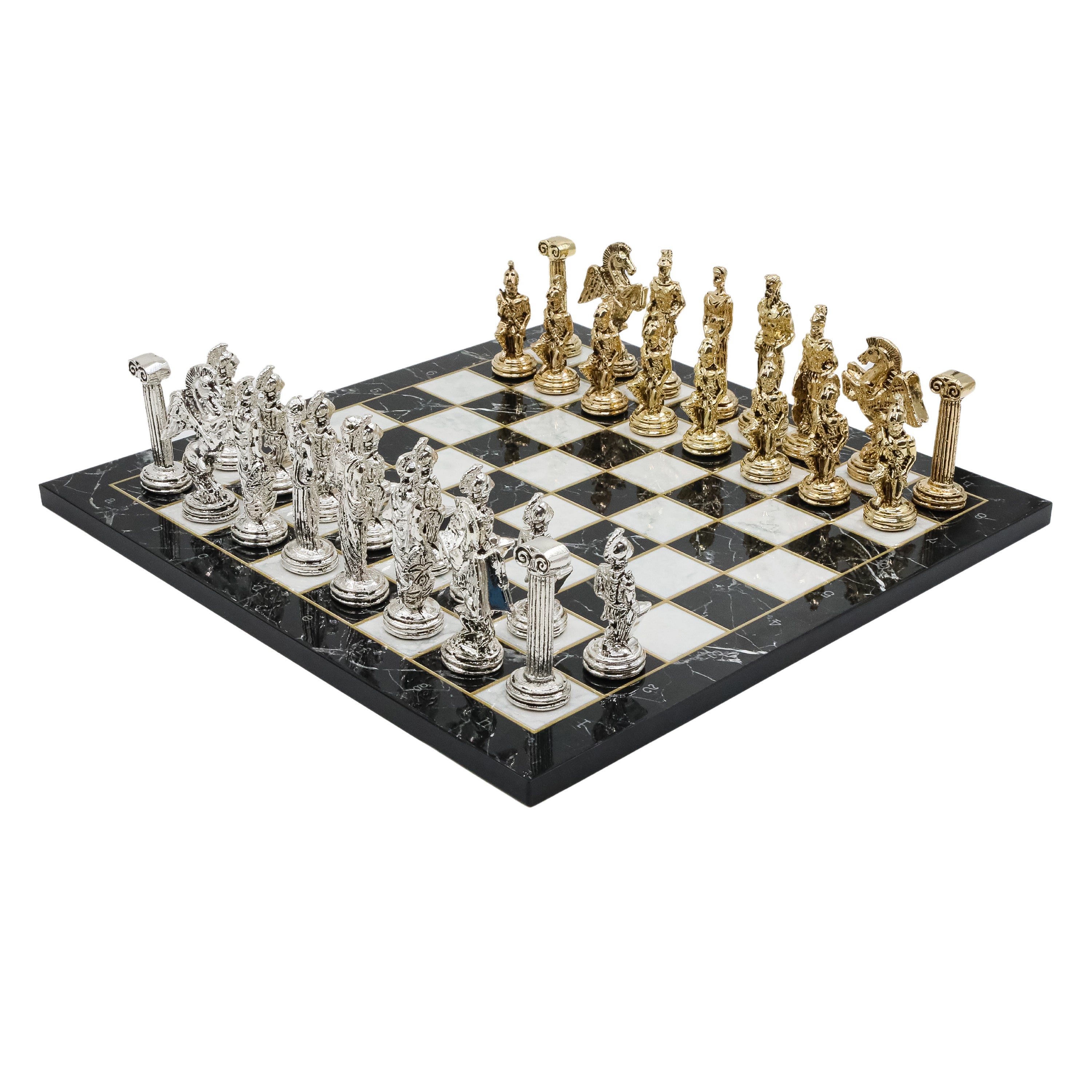 Greek Mythology Pegasus Metal Chess Set | Wooden Chess Board 30CM (12") with Die Cast Metal Stands