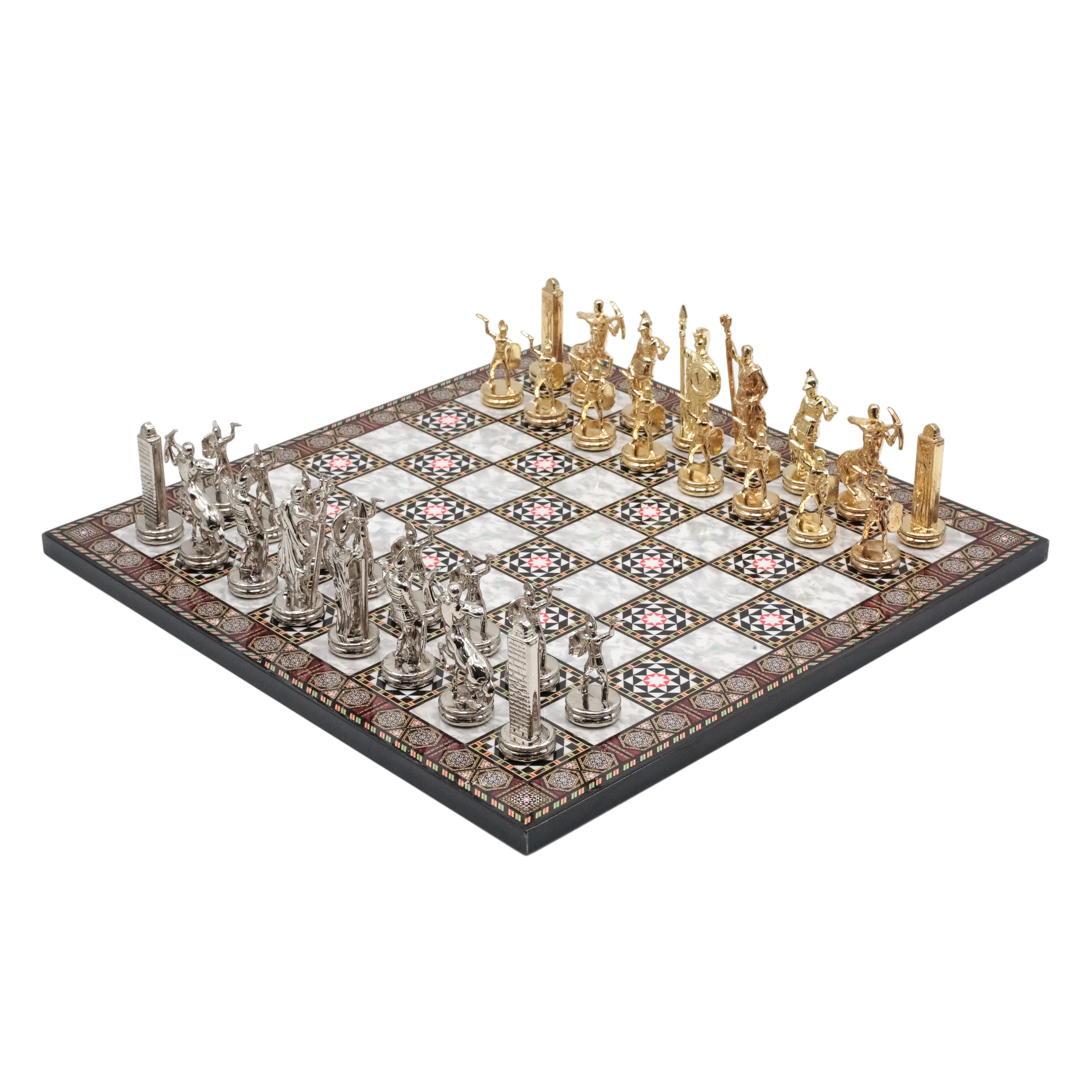 Greek Mythology Poseidon Metal Chess Set Model 1| Wooden Chess Board 37CM (15") with Die Cast Metal Stands