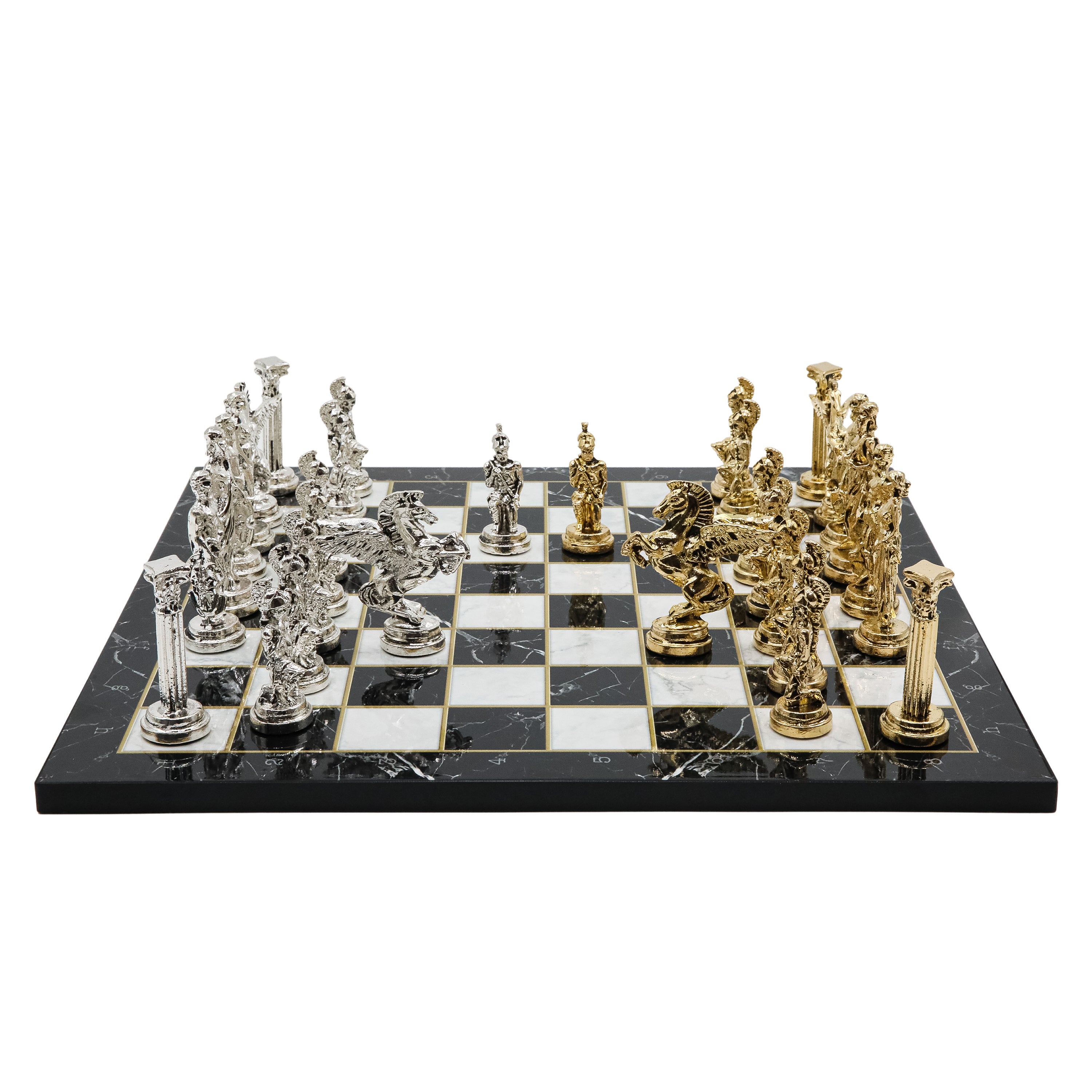 Greek Mythology Pegasus Metal Chess Set | Wooden Chess Board 37CM (15") with Die Cast Metal Stands (Silver vs Gold)