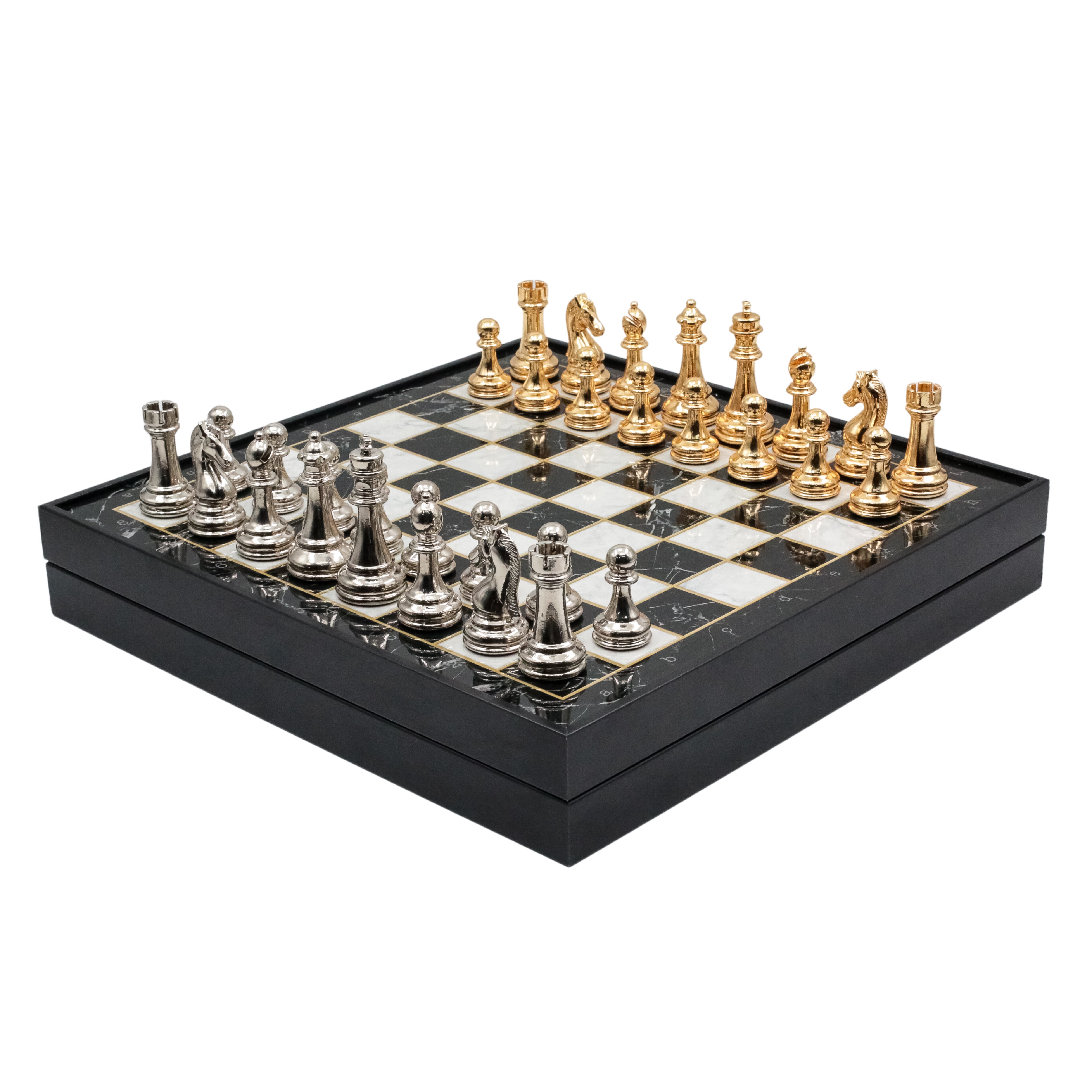 Storage Chess Set with Metal Weighted Staunton Figures (Gold vs Silver) | 37 CM (15") Storage Chess Board | Classic Metal Figures