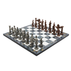 Greek Mythology Pegasus Metal Chess Set | Wooden Chess Board 37CM (15") with Die Cast Metal Stands (Vintage Silver vs Bronze)