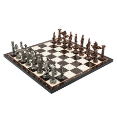 Greek Mythology Pegasus Metal Chess Set | Wooden Chess Board 37CM (15") with Die Cast Metal Stands (Vintage Silver vs Bronze)