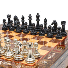 Black Colour Metal Chess Set With Solid Wood Storage Board - Die Cast Metal Chessmen | Staunton Chess Pieces, Personalised Chess Gift