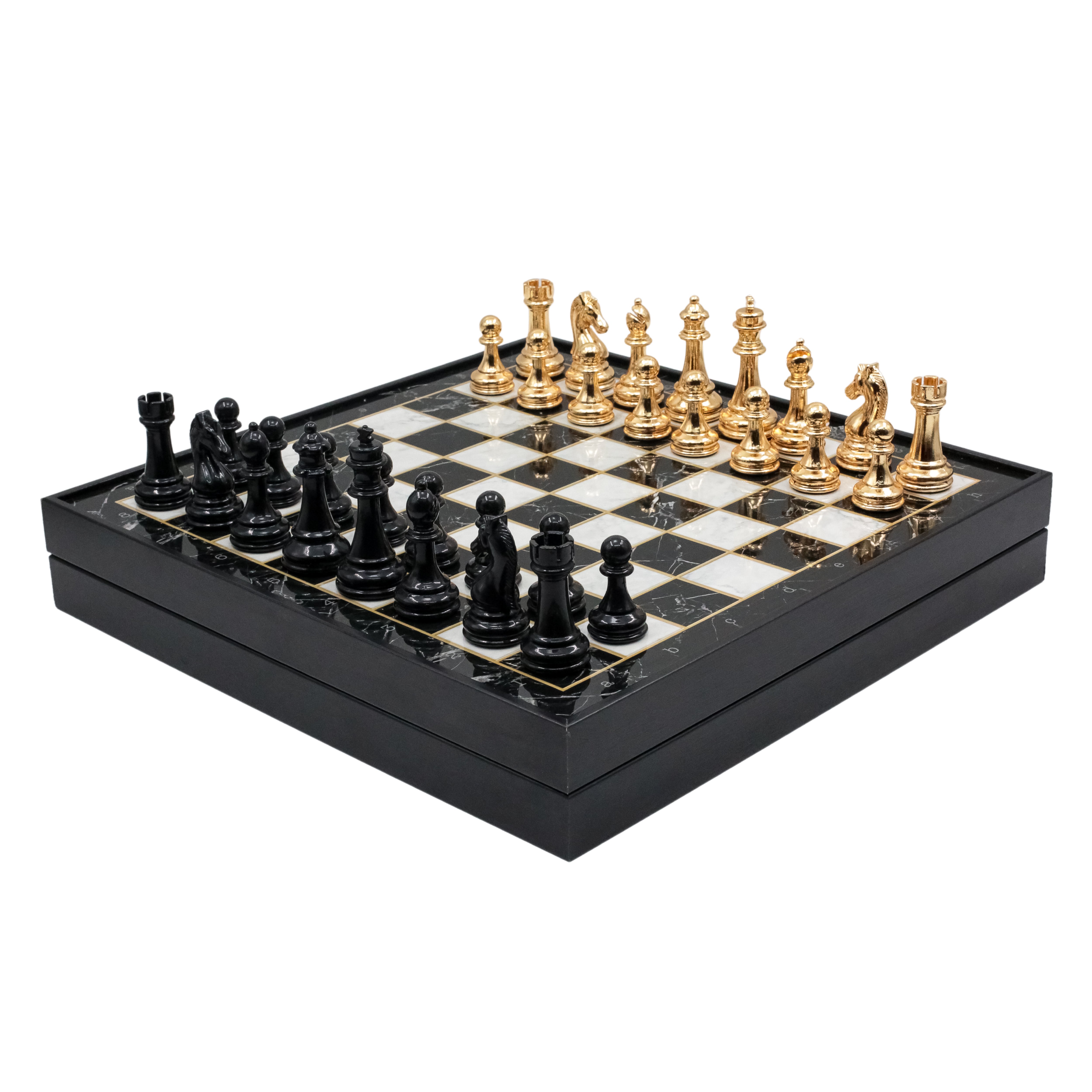 Storage Chess Set with Metal Weighted Staunton Figures (Gold vs Black) | 37 CM (15") Storage Chess Board | Classic Metal Figures