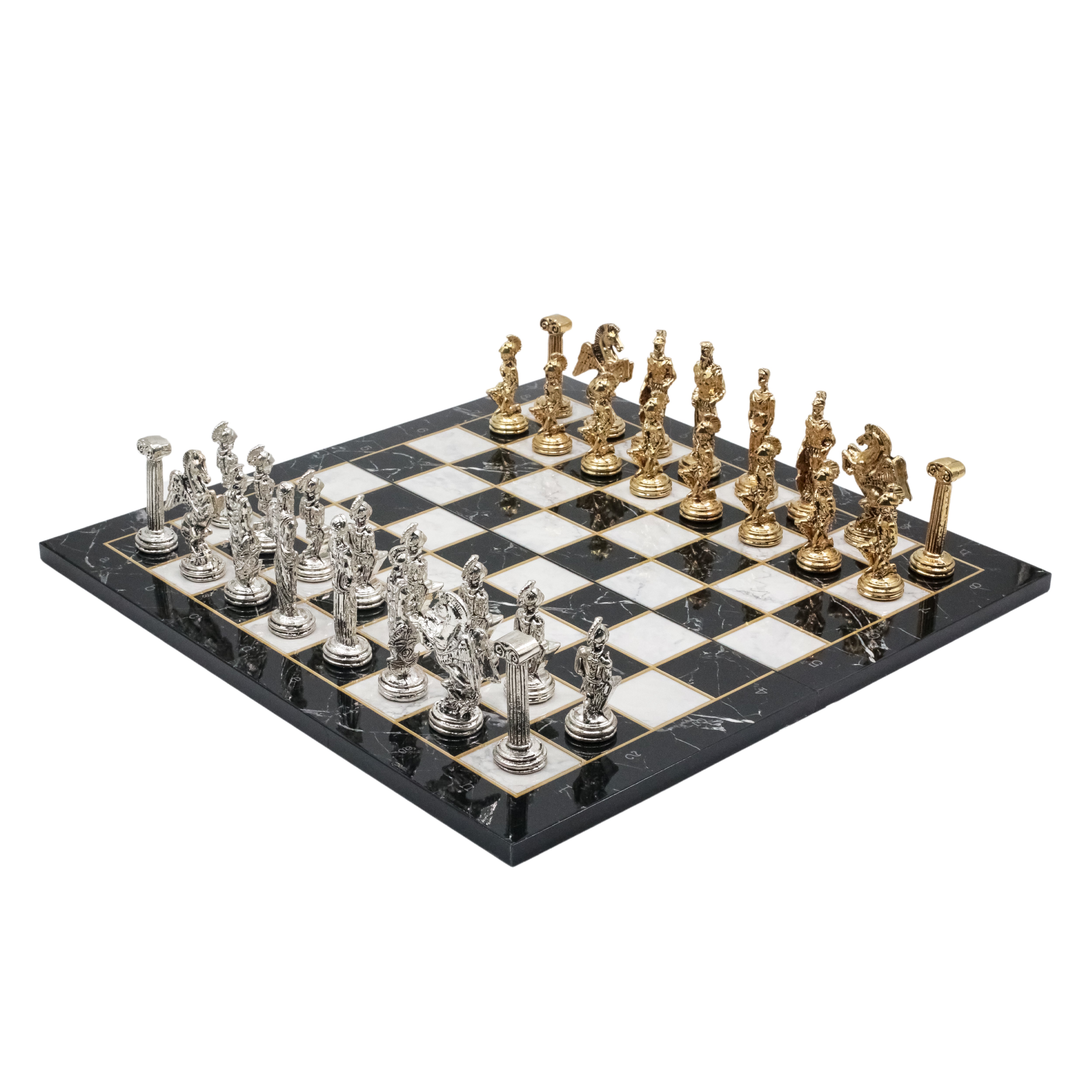 Greek Mythology Pegasus Metal Chess Set | Wooden Chess Board 44CM (17") with Die Cast Metal Stands