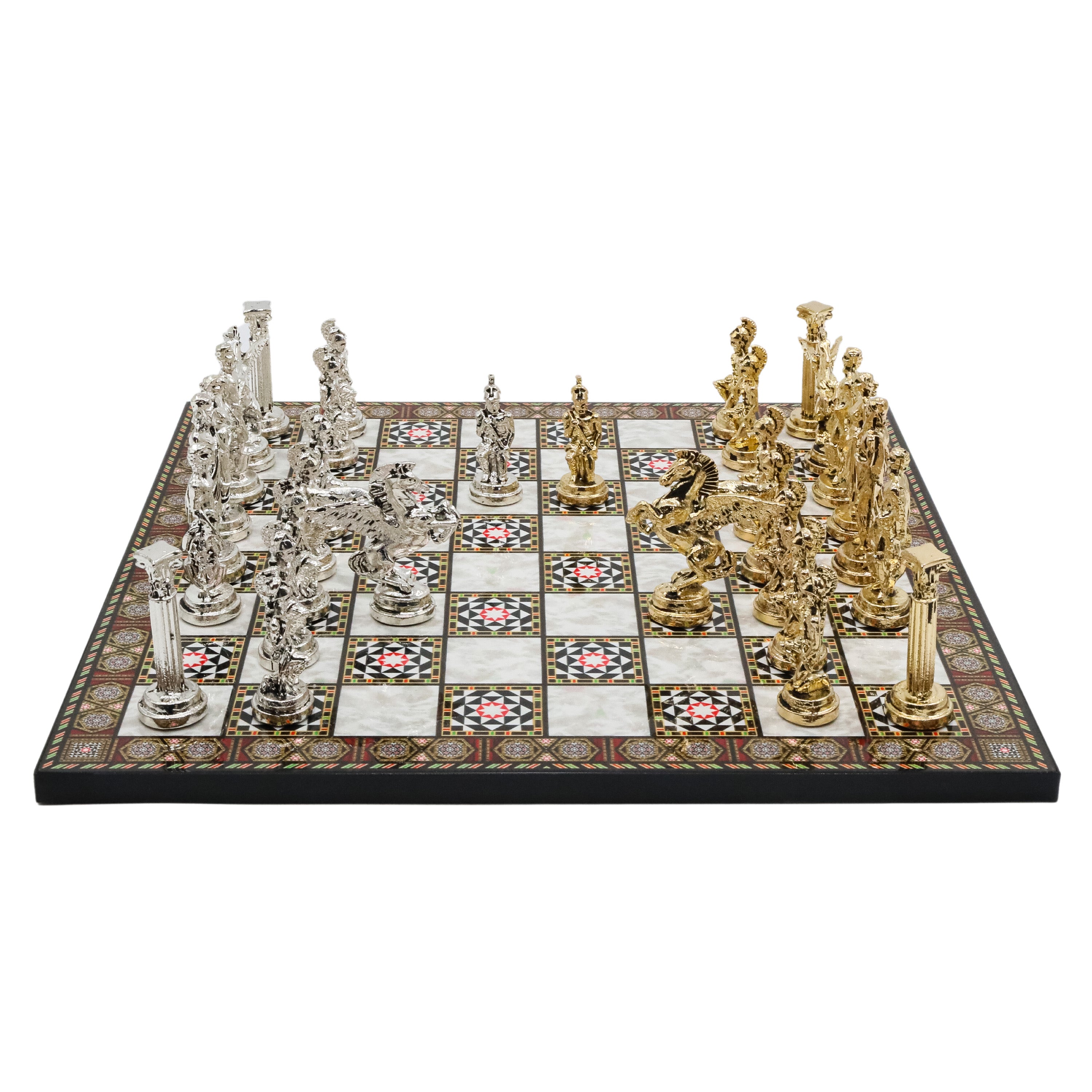 Greek Mythology Pegasus Metal Chess Set | Wooden Chess Board 37CM (15") with Die Cast Metal Stands (Silver vs Gold)