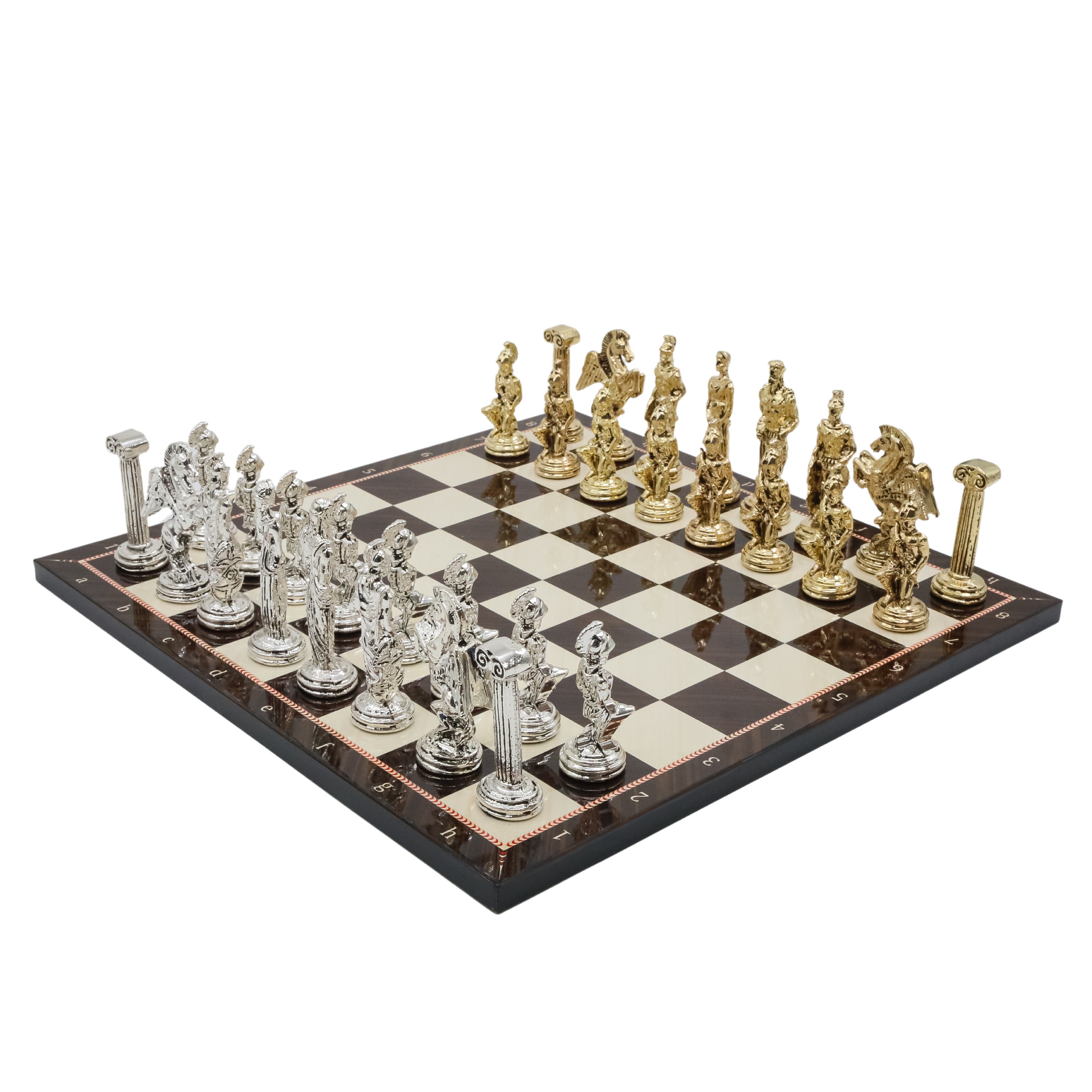 Greek Mythology Pegasus Metal Chess Set | Wooden Chess Board 30CM (12") with Die Cast Metal Stands