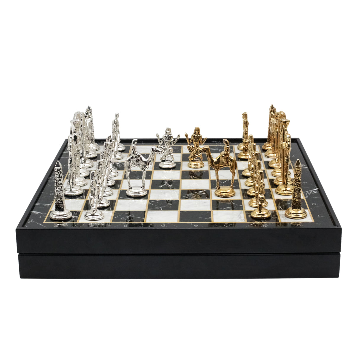 Storage Chess Set with Die Cast Metal Egyptian Cleopatra Chessmen | 37 CM (15") Storage Chess Board | Egypt Cleopatra Themed Figures