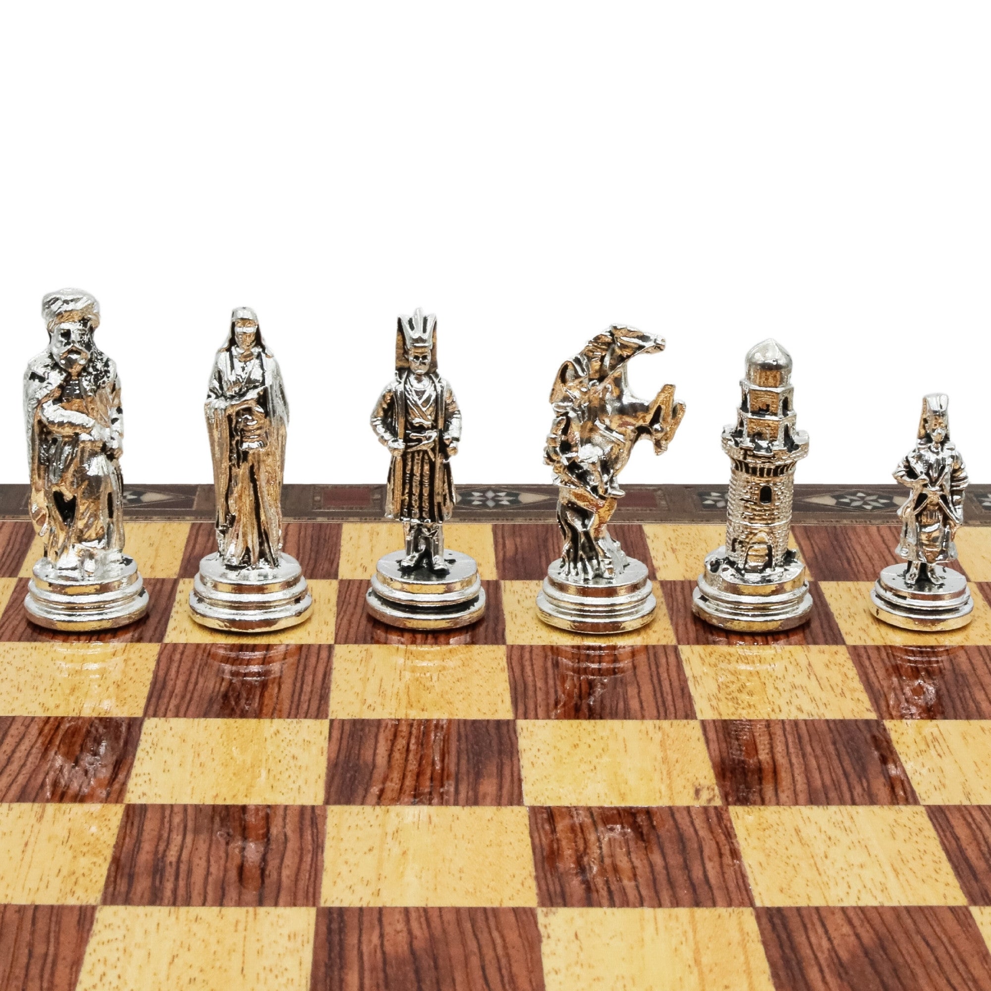 Handmade Inlay Storage Chess Set 38 CM (15") - Ottoman Empire vs Crusaders Die Cast Metal Pieces