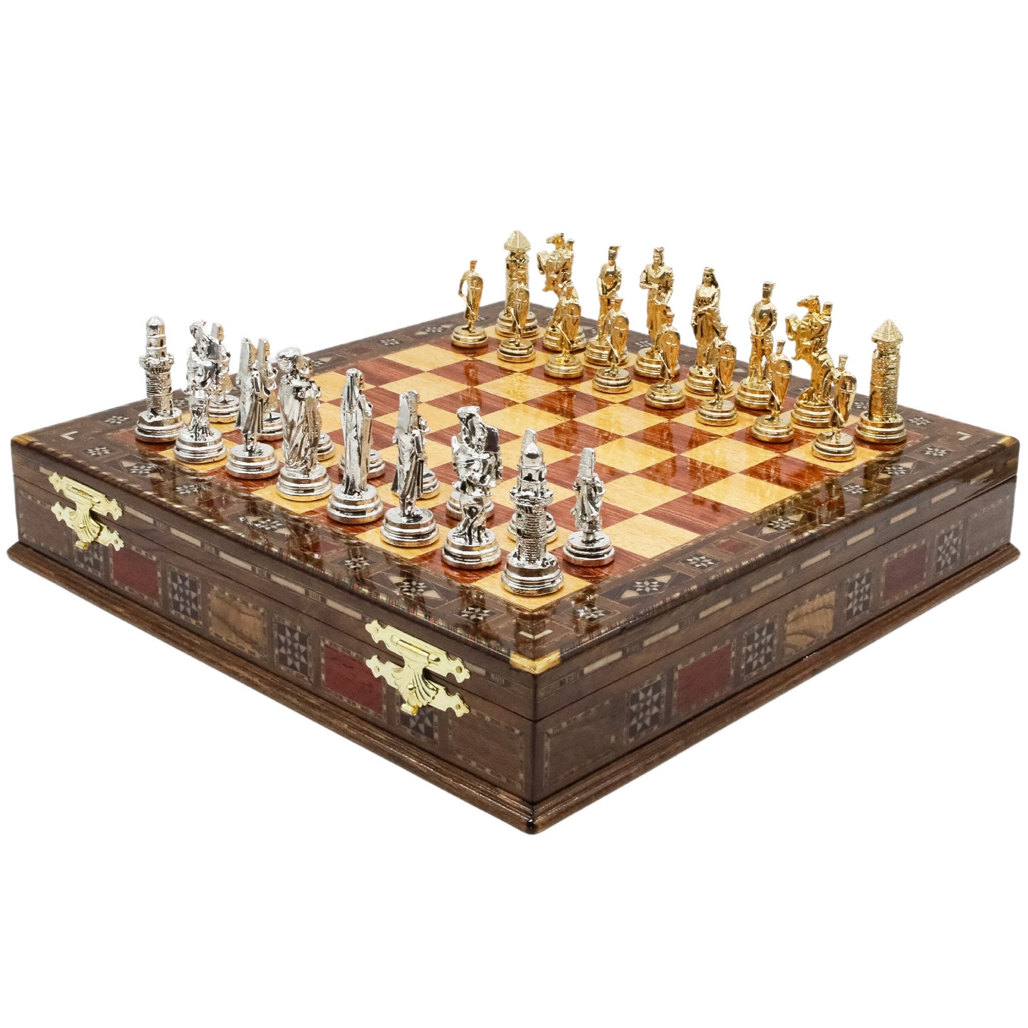 Handmade Inlay Storage Chess Set 38 CM (15") - Ottoman Empire vs Crusaders Die Cast Metal Pieces