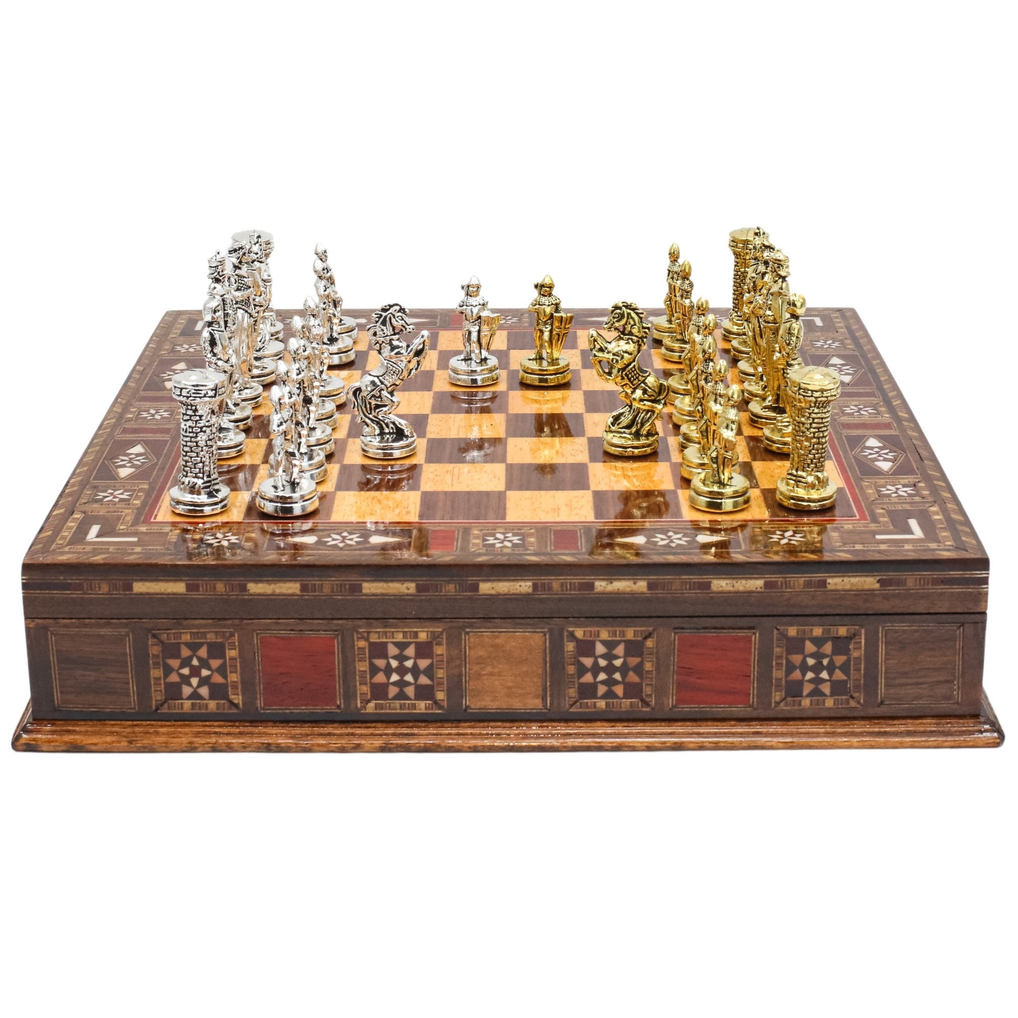 Handmade Inlay Storage Chess Set 30 CM (12") - Medieval British Die Cast Metal Pieces