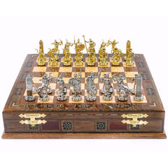 Handmade Inlay Storage Chess Set 38 CM (15") - Greek Poseidon Die Cast Metal Pieces