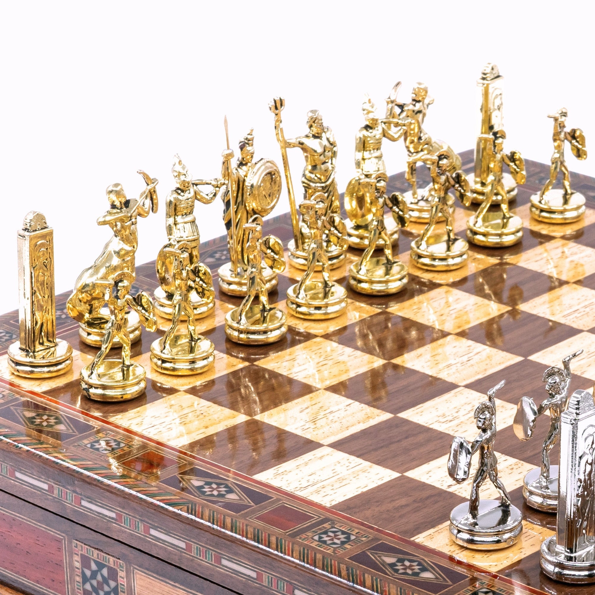 Handmade Inlay Storage Chess Set 38 CM (15") - Greek Poseidon Die Cast Metal Pieces