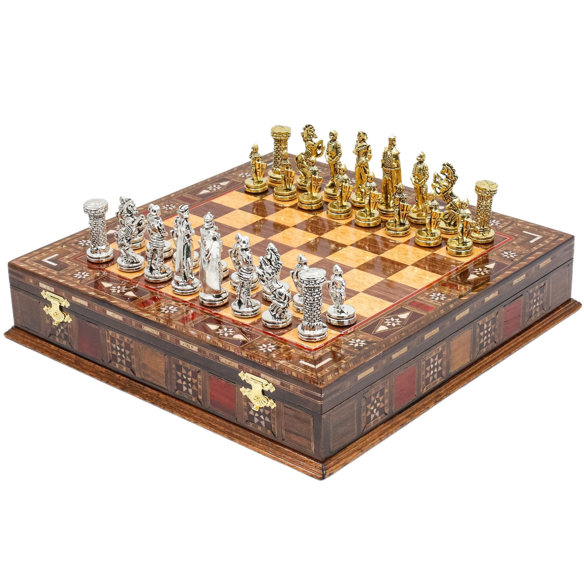 Handmade Inlay Storage Chess Set 30 CM (12") - Medieval British Die Cast Metal Pieces