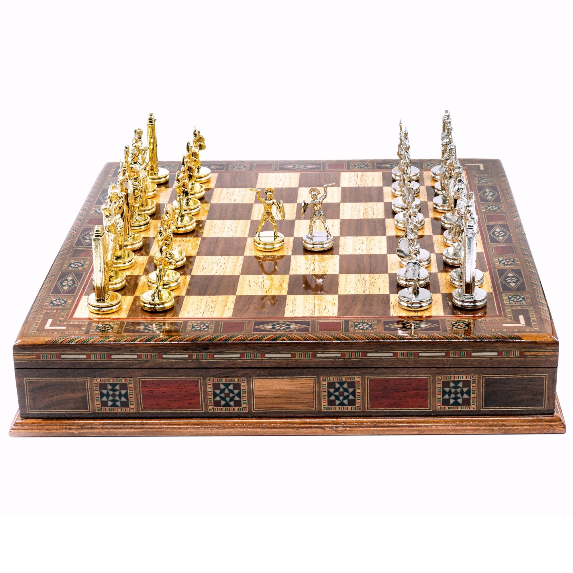 Handmade Inlay Storage Chess Set 38 CM (15") - Greek Poseidon Die Cast Metal Pieces