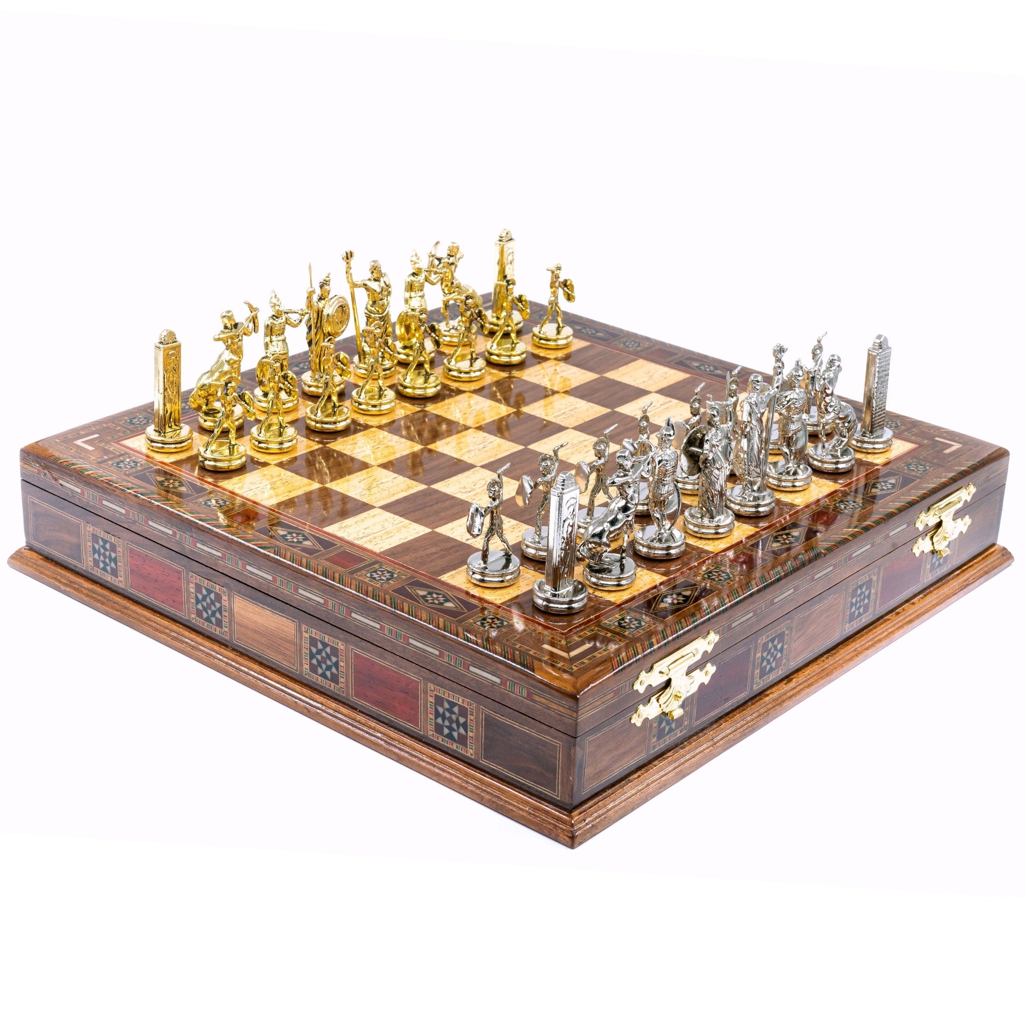 Handmade Inlay Storage Chess Set 38 CM (15") - Greek Poseidon Die Cast Metal Pieces