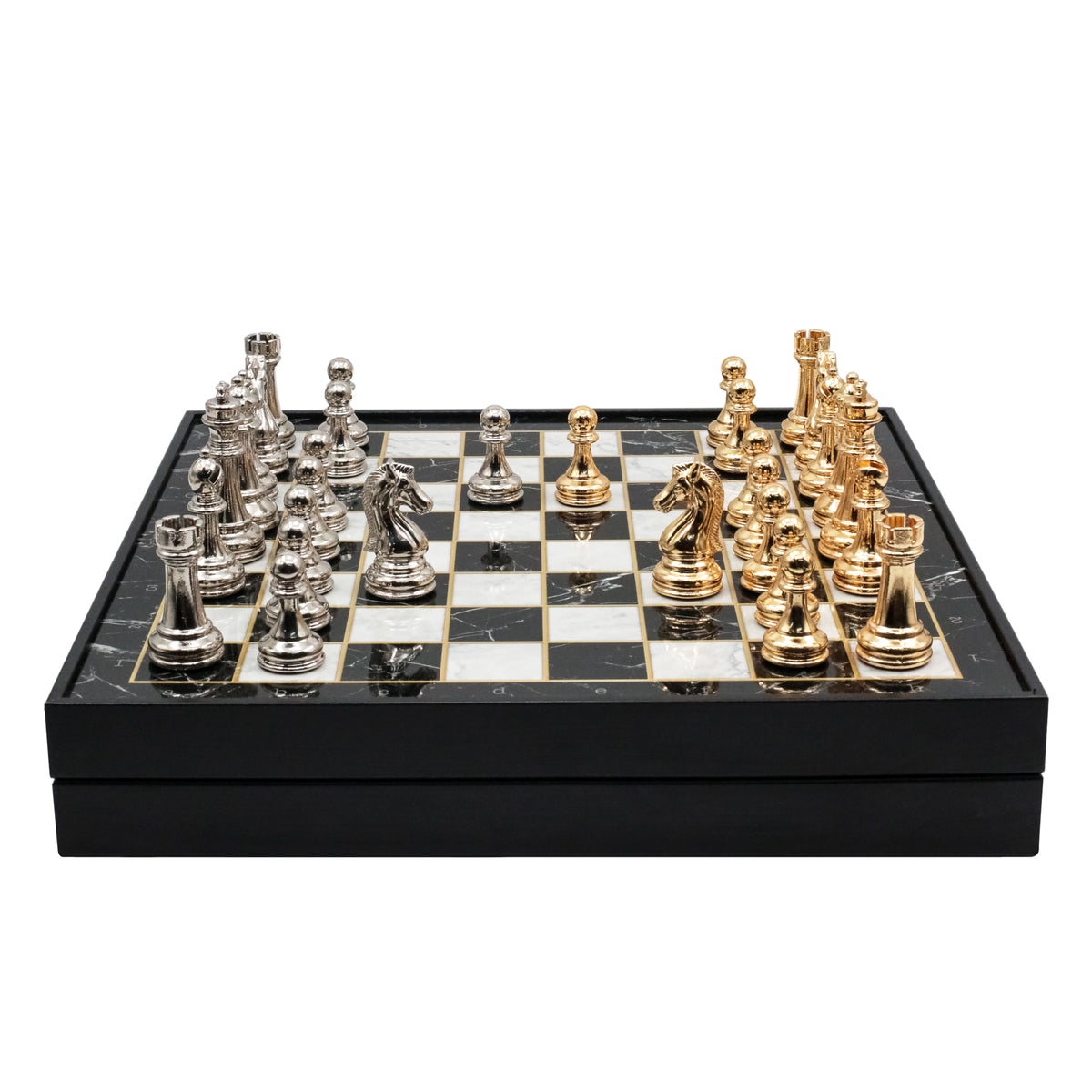 Storage Chess Set with Metal Weighted Staunton Figures (Gold vs Silver) | 37 CM (15") Storage Chess Board | Classic Metal Figures