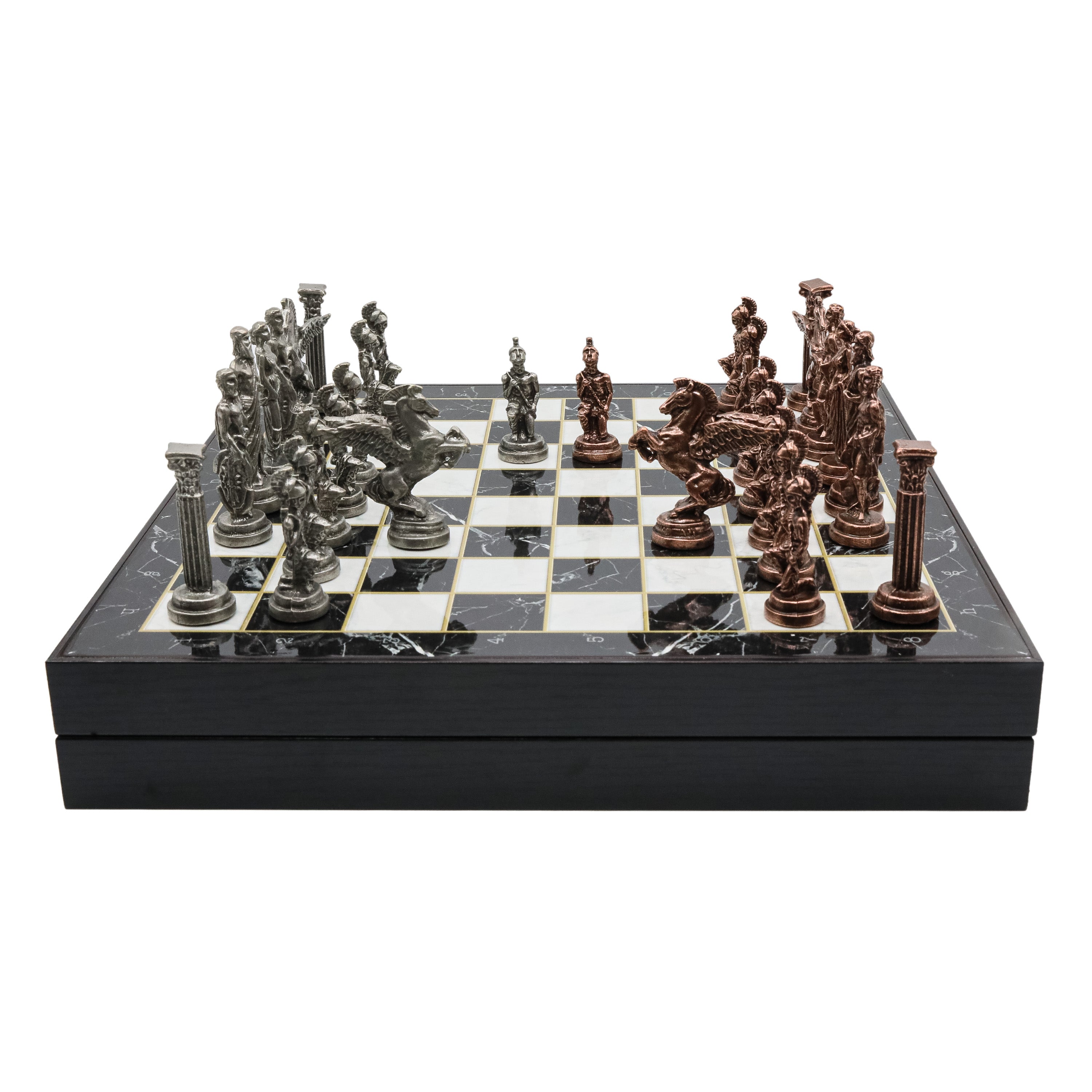 Storage Chess Set with Bronze Metal Mythology Pegasus Chessmen | 37 CM (15") Storage Chess Board | Vintage Greek Pegasus Themed Figures