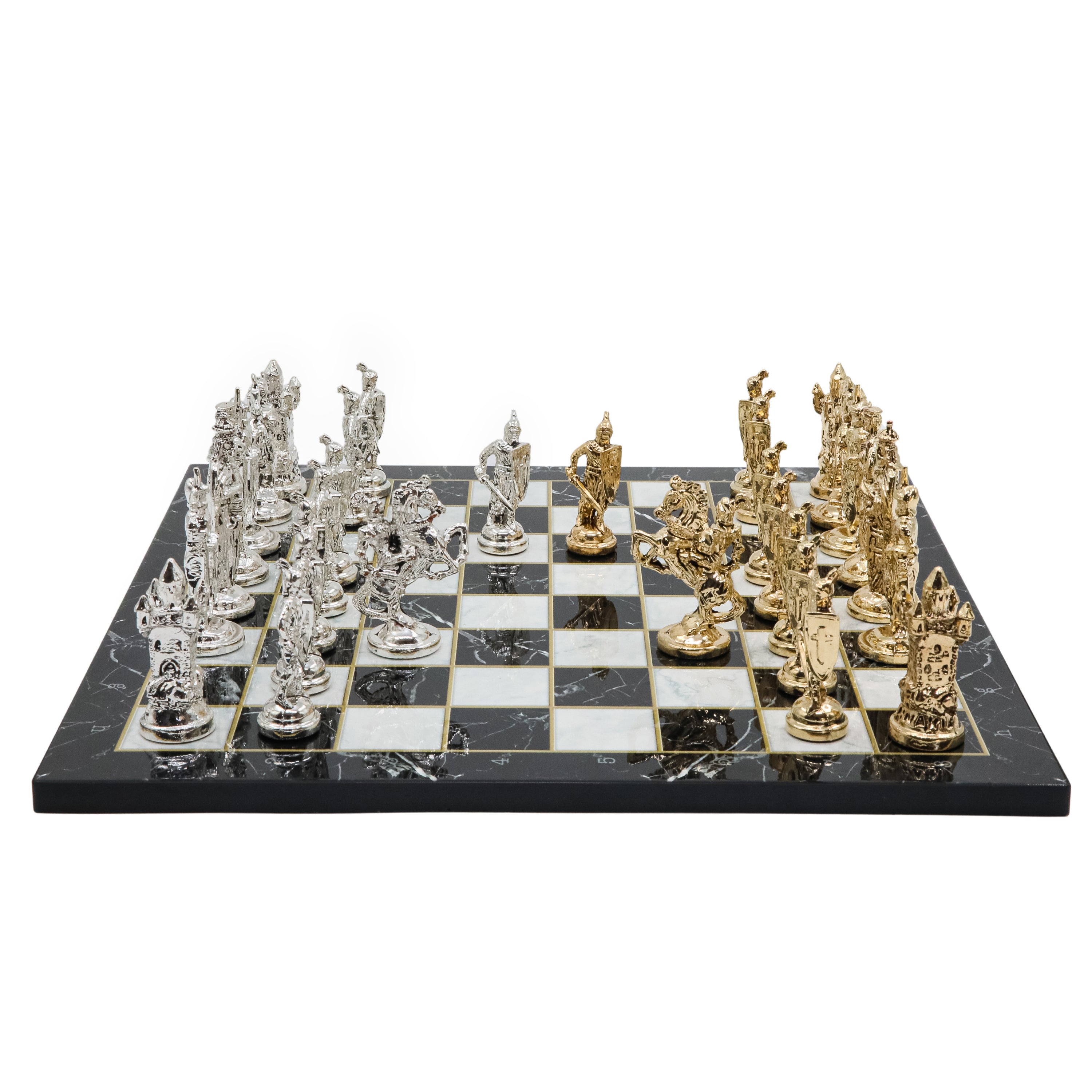 British Metal Chess Set |  44 cm (17 inch) Wooden Chess Board | Historical Themed