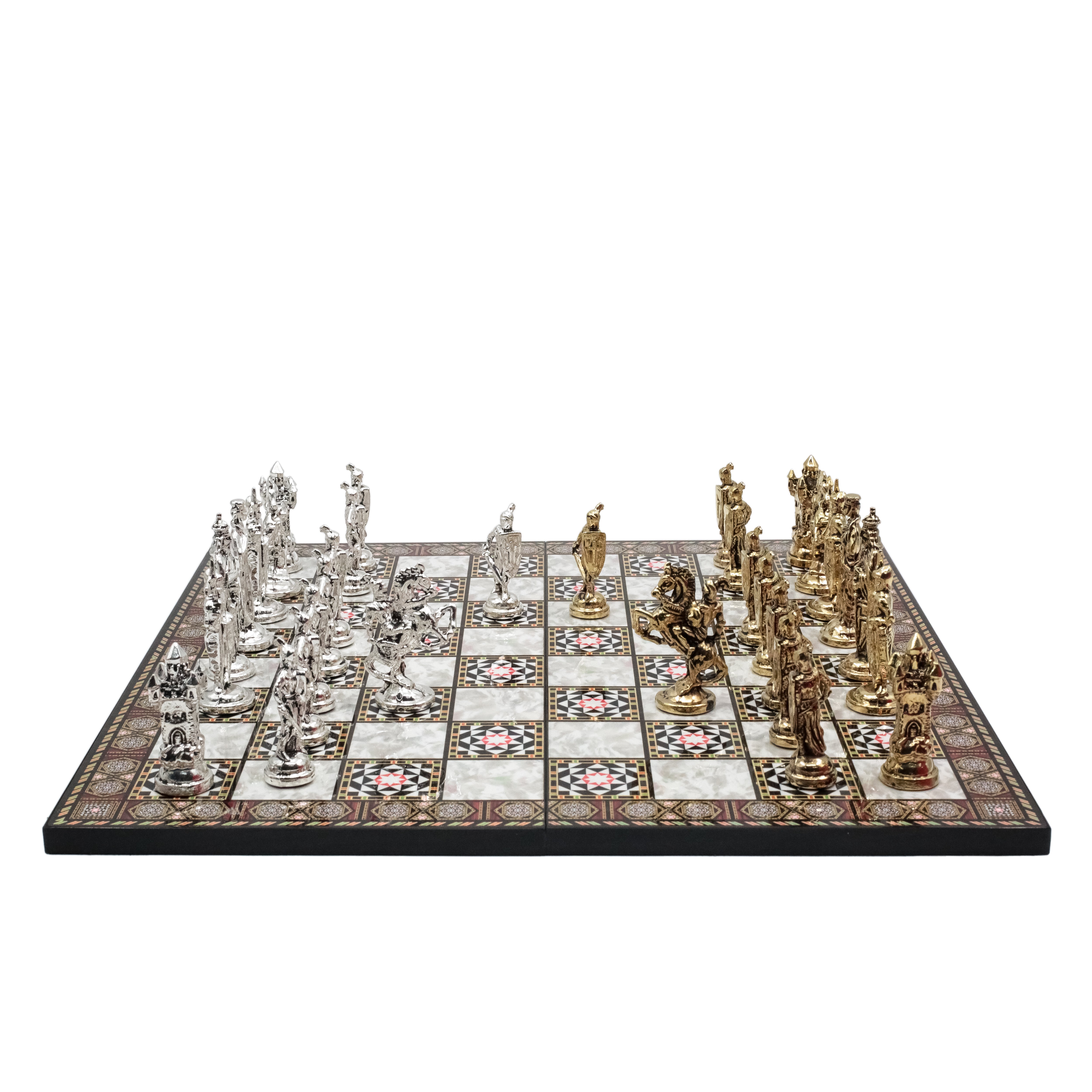 British Metal Chess Set |  44 cm (17 inch) Wooden Chess Board | Historical Themed