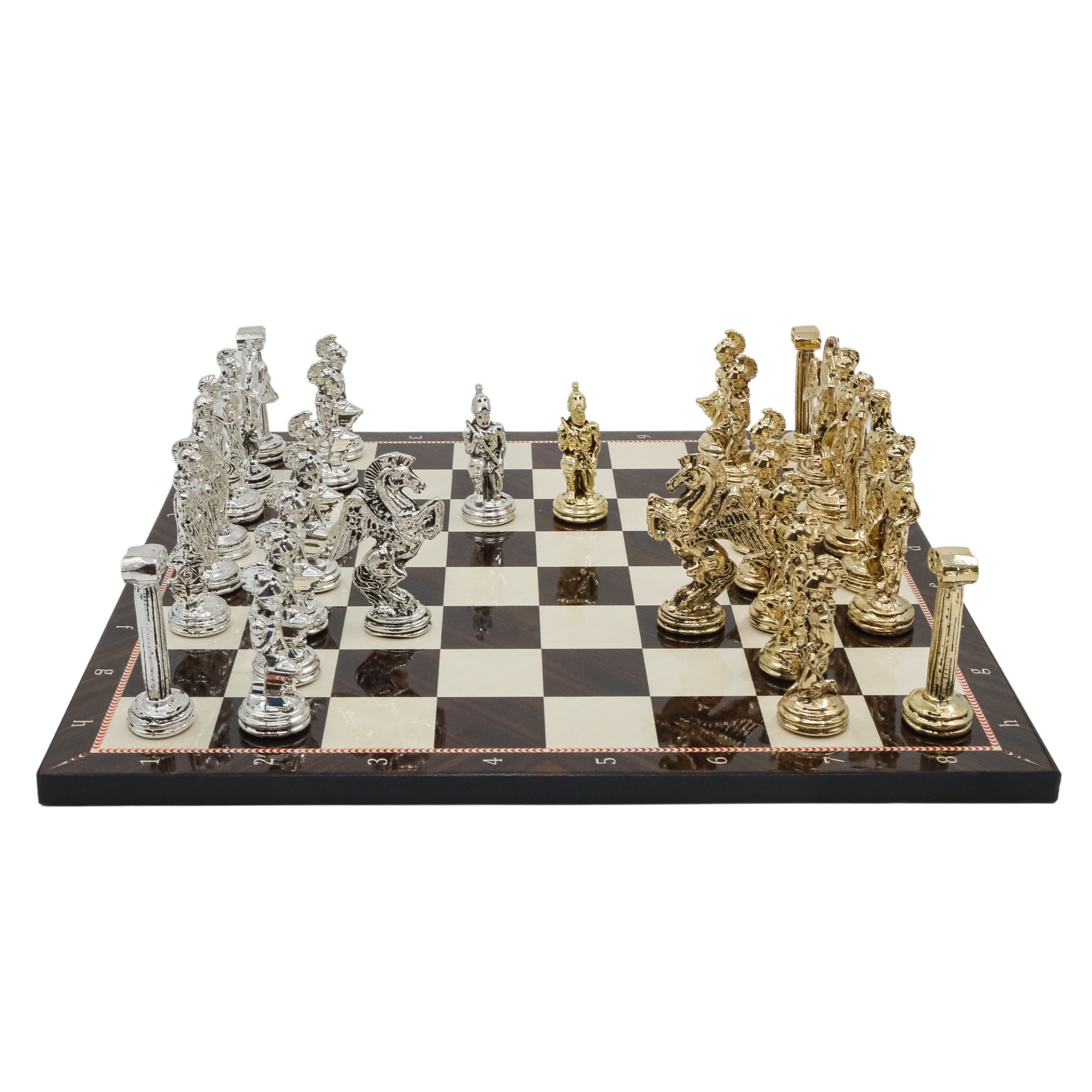 Greek Mythology Pegasus Metal Chess Set | Wooden Chess Board 30CM (12") with Die Cast Metal Stands