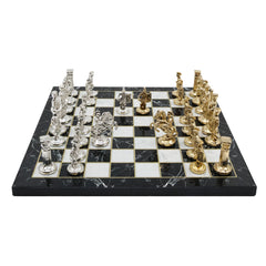 Metal Roman Archer Chess Set | Wooden Board Marble/Mosaic Pattern – 44 cm (17 inch)