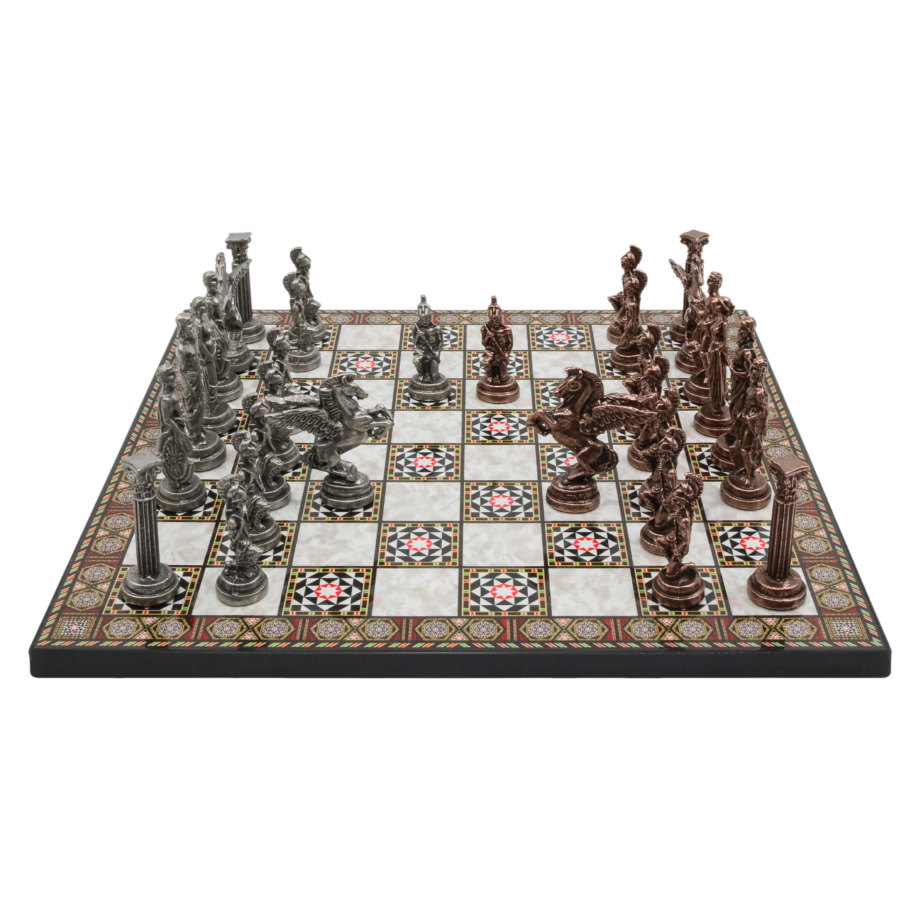 Greek Mythology Pegasus Metal Chess Set | Wooden Chess Board 37CM (15") with Die Cast Metal Stands (Vintage Silver vs Bronze)