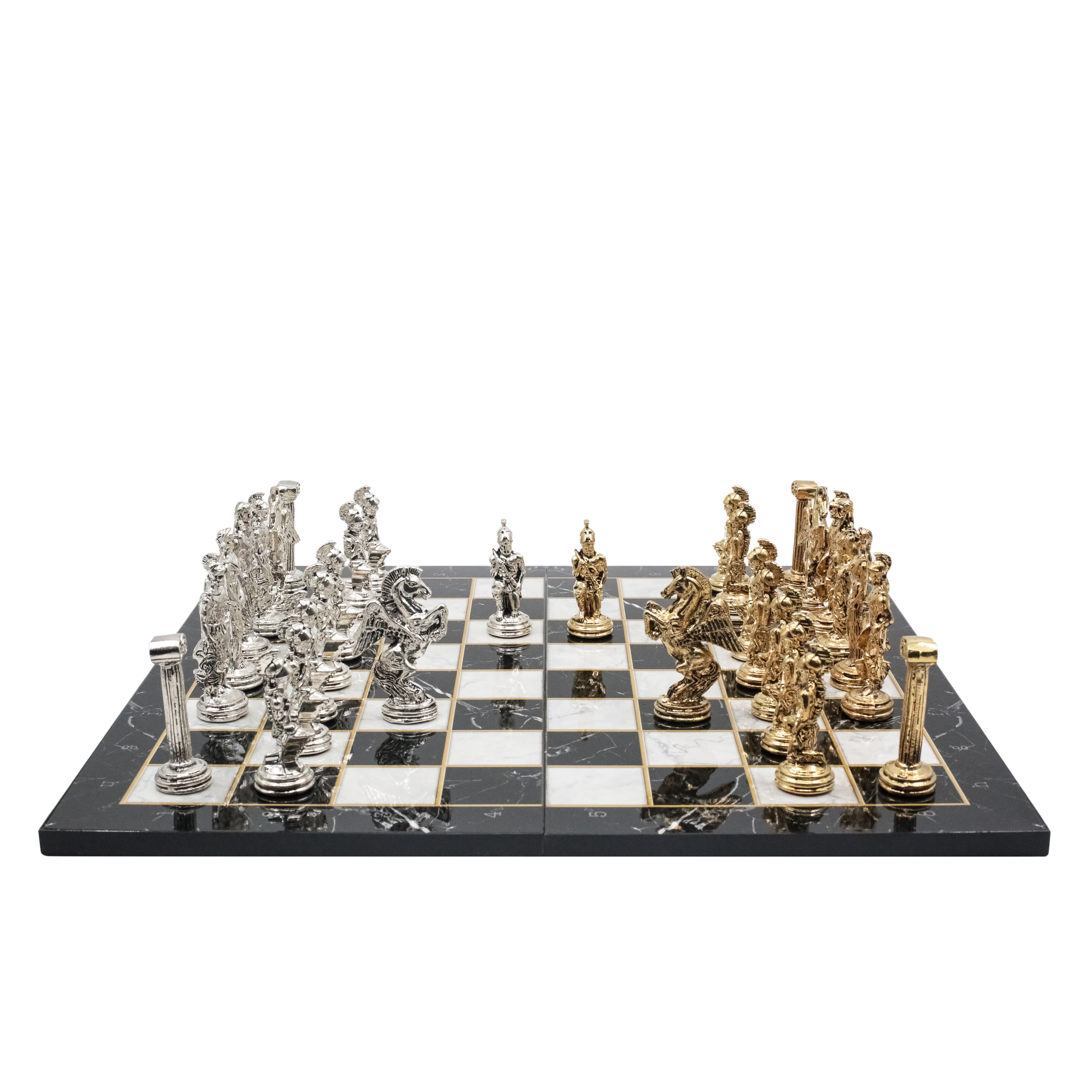 Greek Mythology Pegasus Metal Chess Set | Wooden Chess Board 44CM (17") with Die Cast Metal Stands