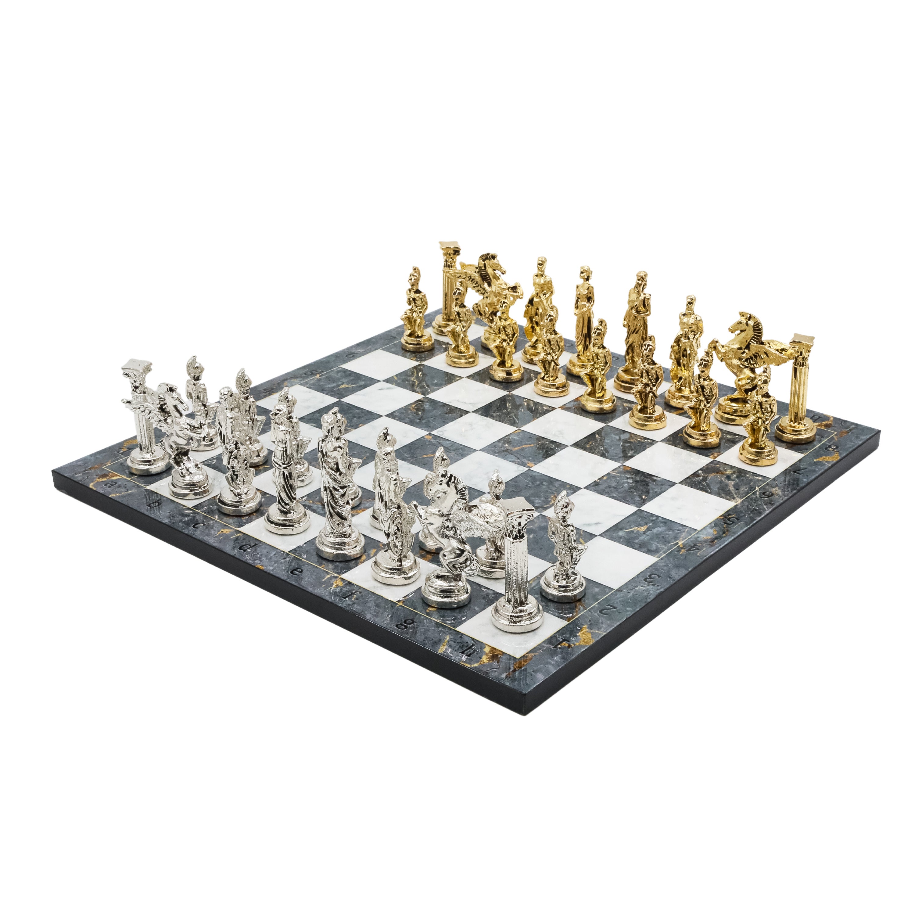 Greek Mythology Pegasus Metal Chess Set | Wooden Chess Board 37CM (15") with Die Cast Metal Stands (Silver vs Gold)