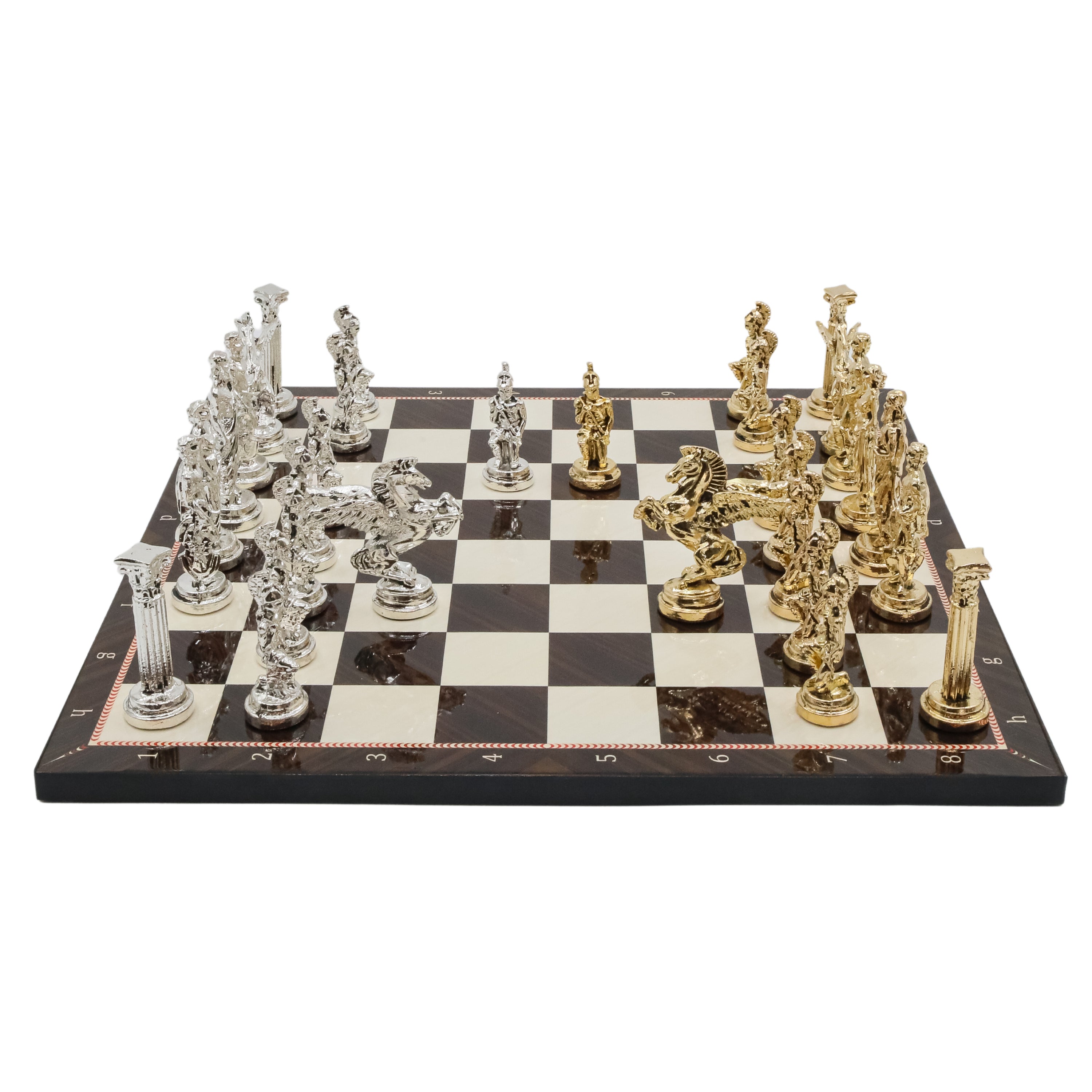 Greek Mythology Pegasus Metal Chess Set | Wooden Chess Board 37CM (15") with Die Cast Metal Stands (Silver vs Gold)