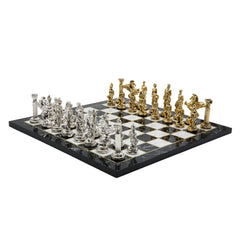 Greek Mythology Pegasus Metal Chess Set | Wooden Chess Board 37CM (15") with Die Cast Metal Stands (Silver vs Gold)