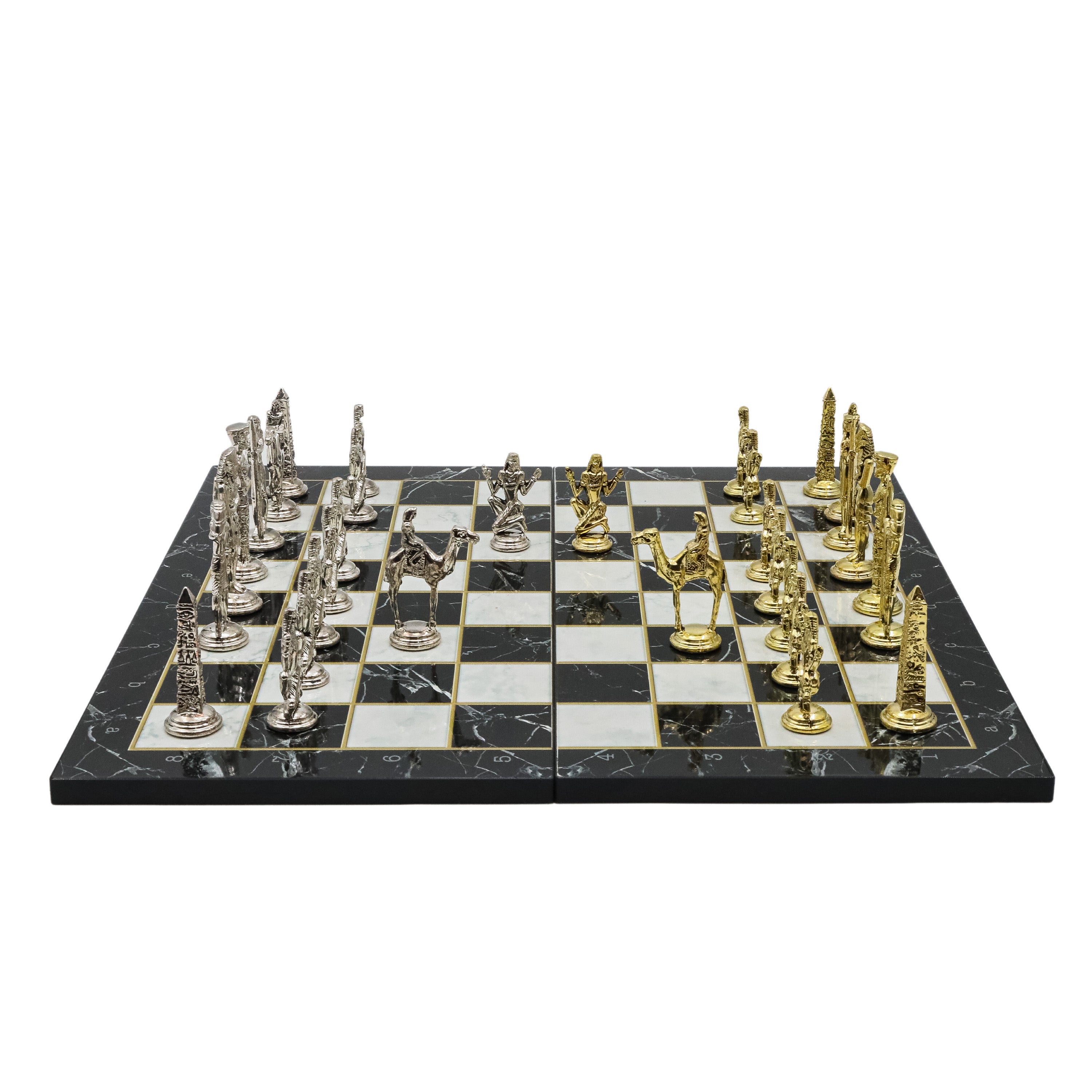 Metal Egyptian Chess Set | Wooden Board Marble/Mosaic Pattern – 44 cm (17 inch)