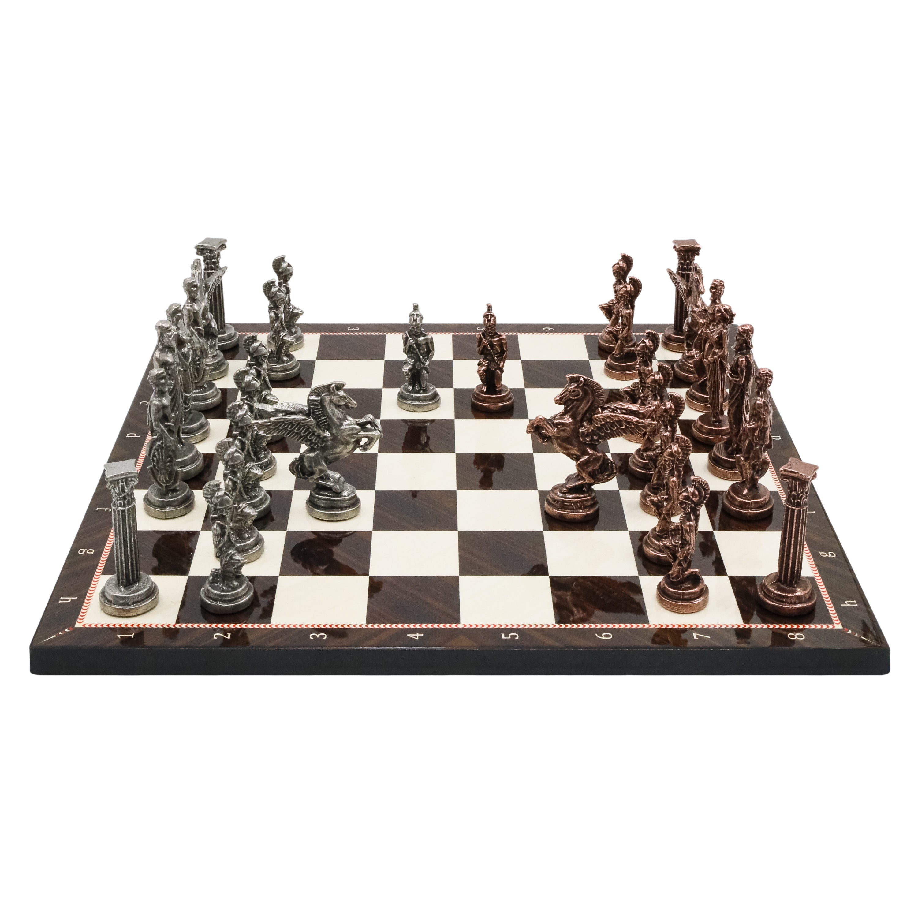 Greek Mythology Pegasus Metal Chess Set | Wooden Chess Board 37CM (15") with Die Cast Metal Stands (Vintage Silver vs Bronze)