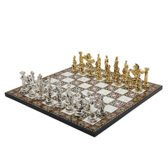 Greek Mythology Pegasus Metal Chess Set | Wooden Chess Board 37CM (15") with Die Cast Metal Stands (Silver vs Gold)