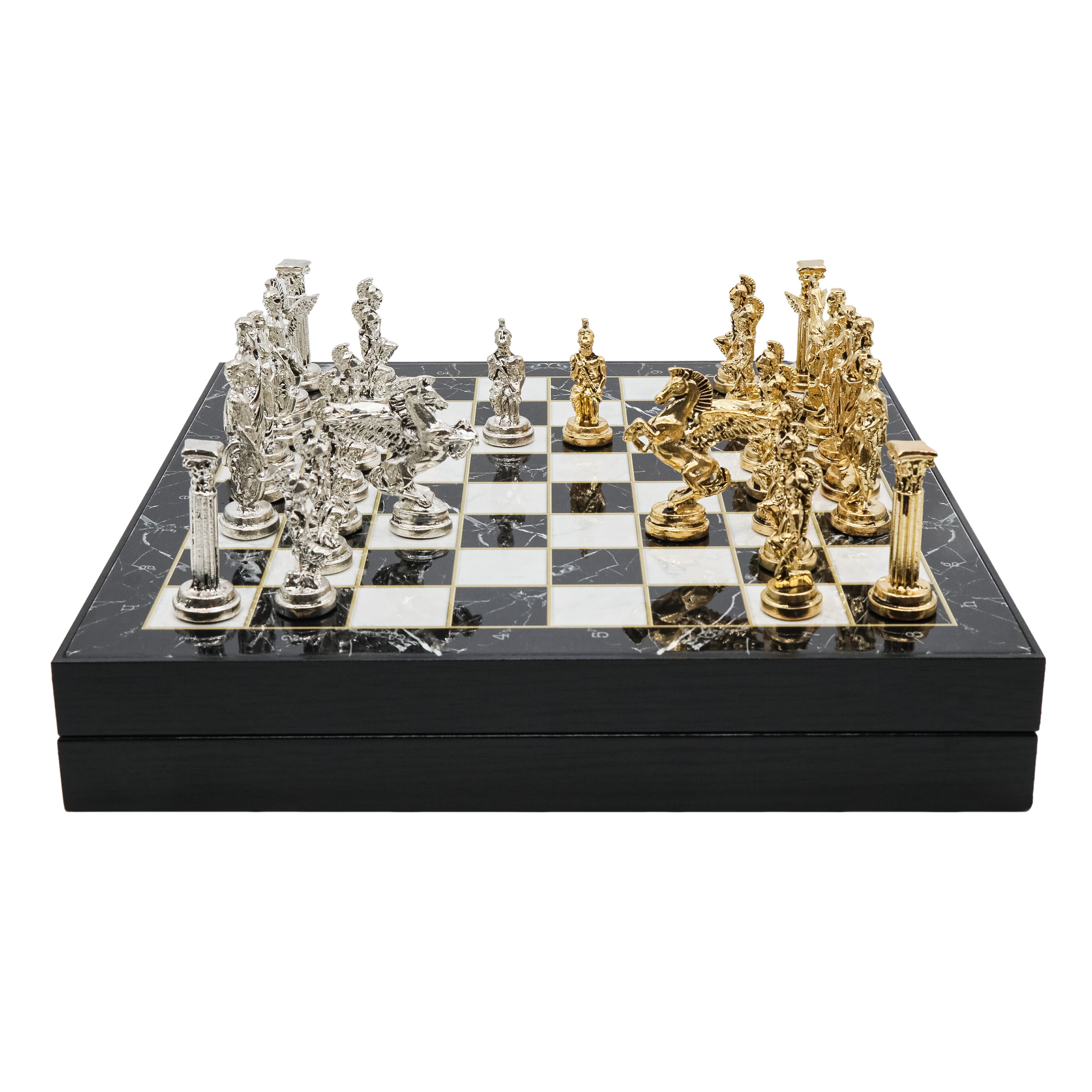 Storage Chess Set with Die Cast Metal Mythology Pegasus Chessmen | 37 CM (15") Storage Chess Board | Greek Pegasus Themed Figures