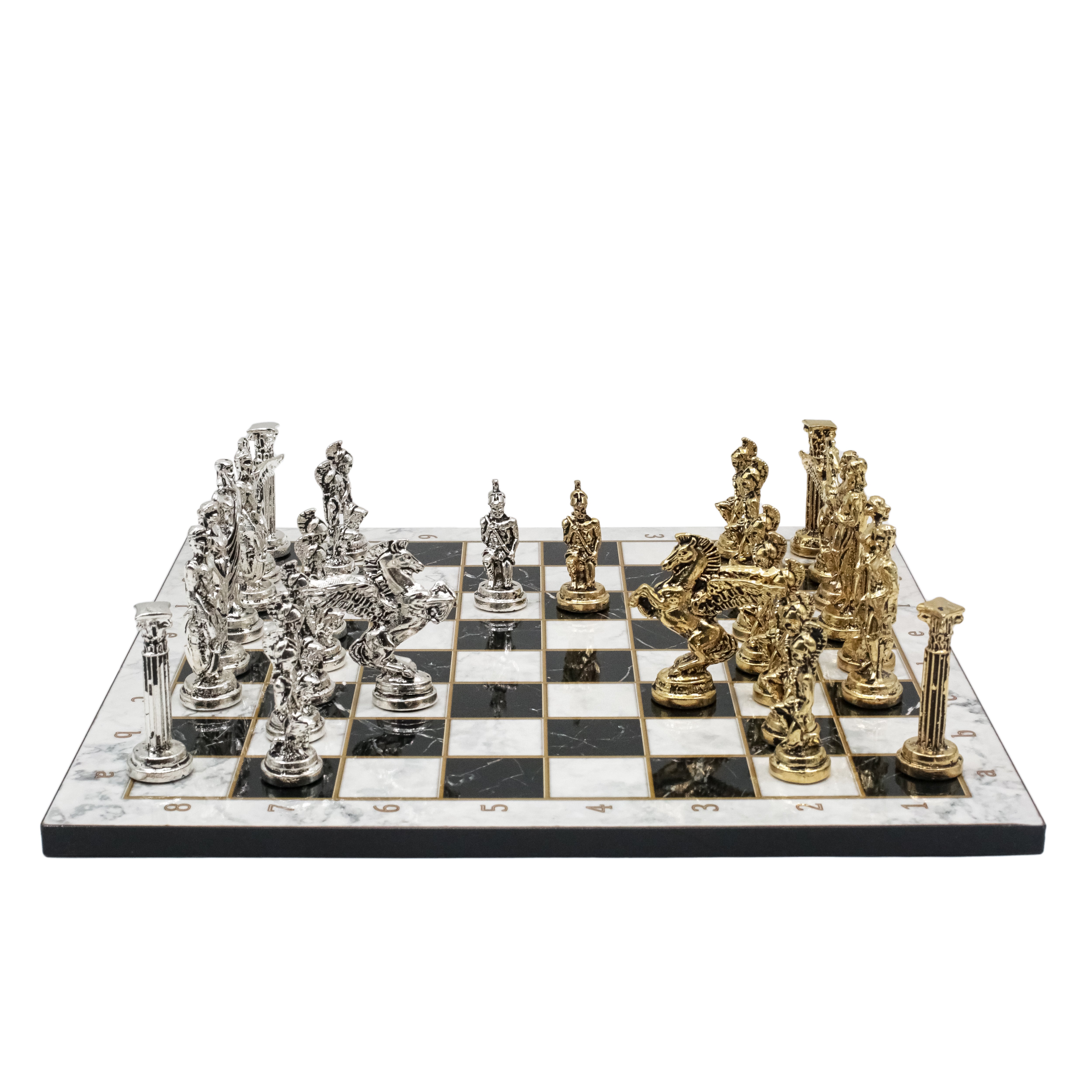 Greek Mythology Pegasus Metal Chess Set | Wooden Chess Board 37CM (15") with Die Cast Metal Stands (Silver vs Gold)