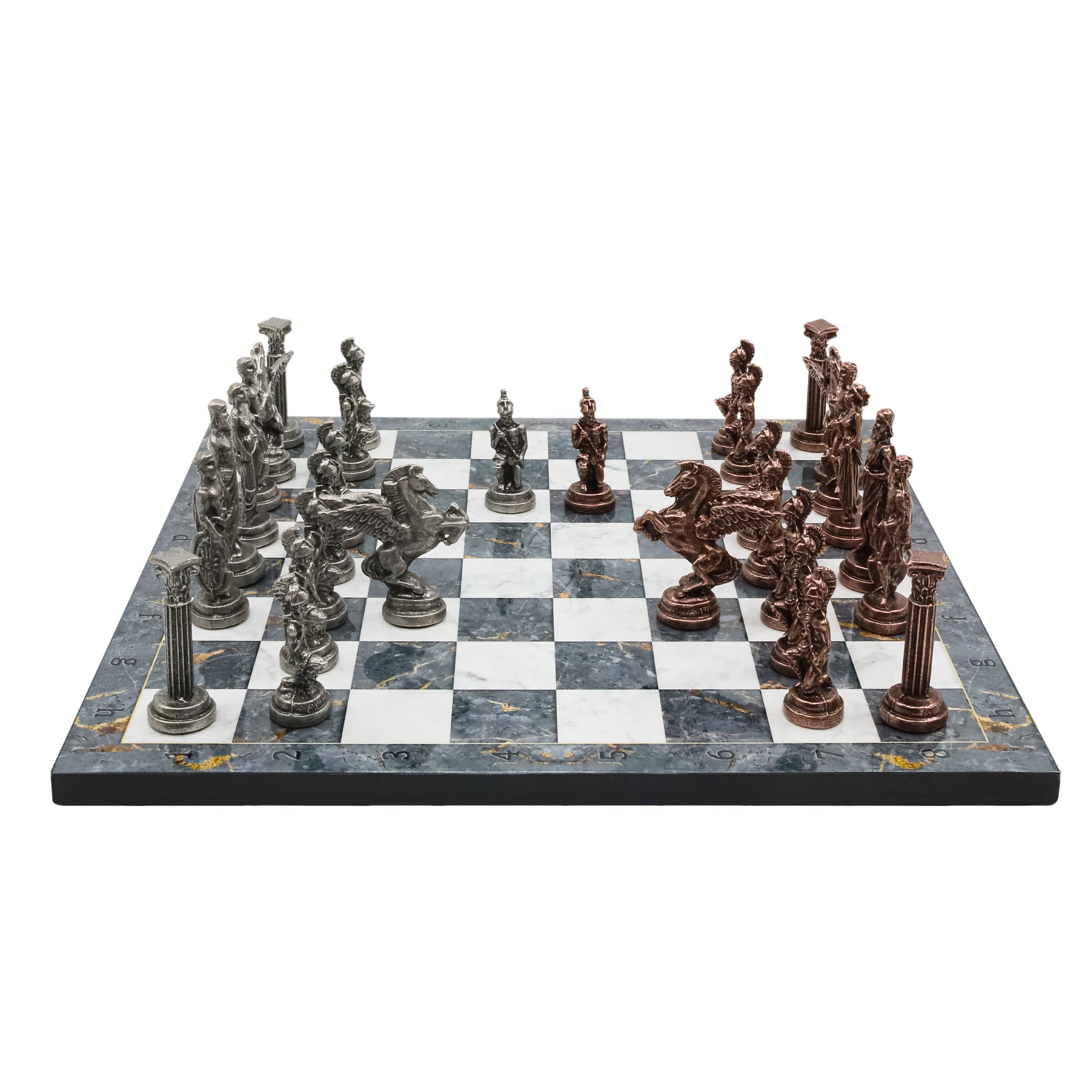 Greek Mythology Pegasus Metal Chess Set | Wooden Chess Board 37CM (15") with Die Cast Metal Stands (Vintage Silver vs Bronze)