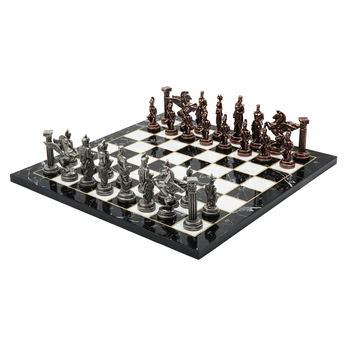 Greek Mythology Pegasus Metal Chess Set | Wooden Chess Board 37CM (15") with Die Cast Metal Stands (Vintage Silver vs Bronze)